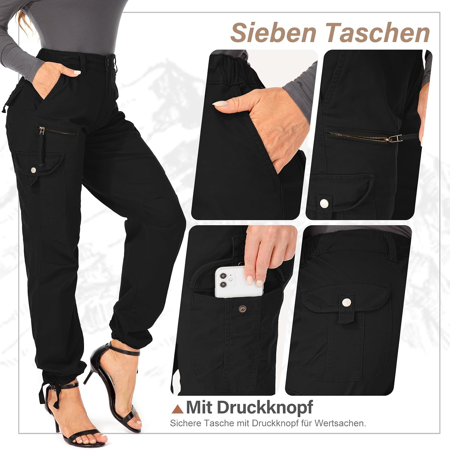 yeyity Cargohose Damen Hosen Multi Taschen Baumwolle Arbeitshose – Bild 3
