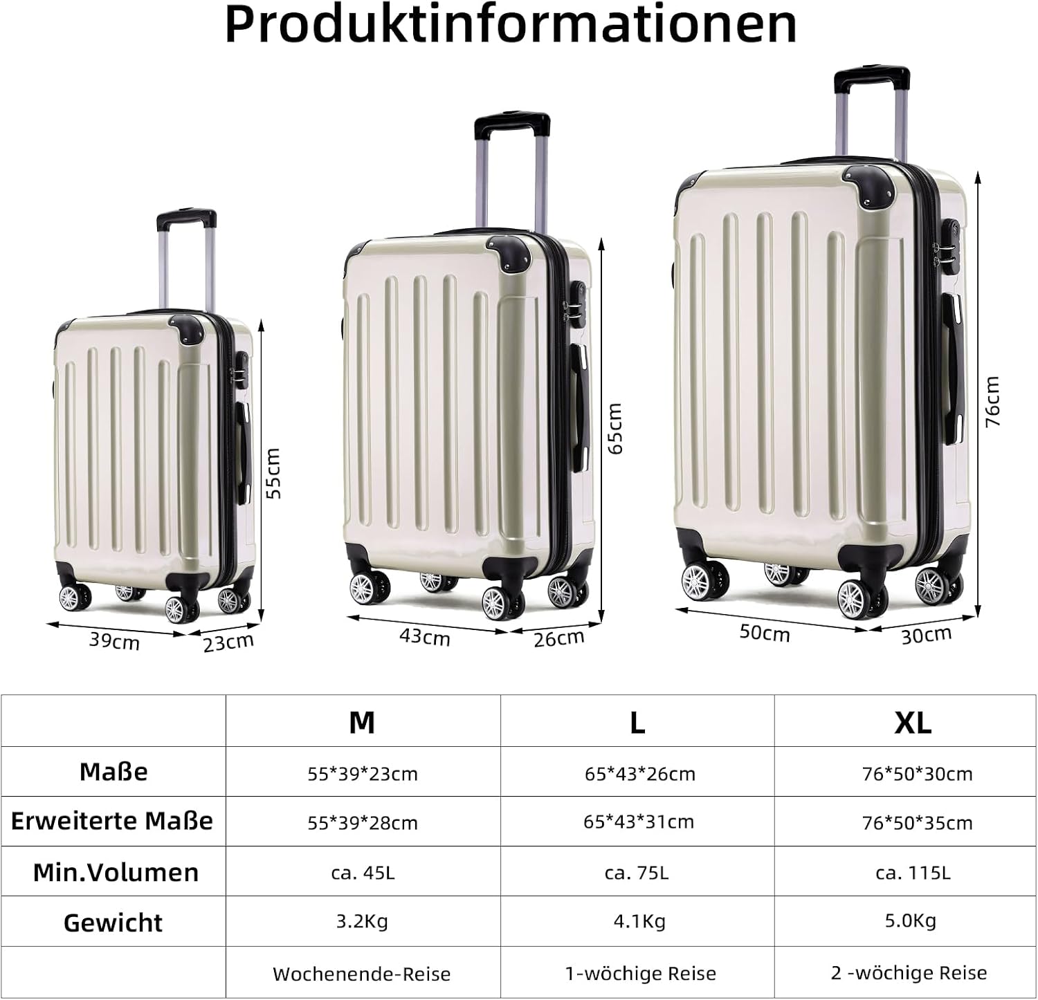 BEIBYE Zwillingsrollen 2048 Hartschale Trolley Koffer Reisekoffer Taschen Gepäck in M-L-XL-Set (Champagner, L) – Bild 6