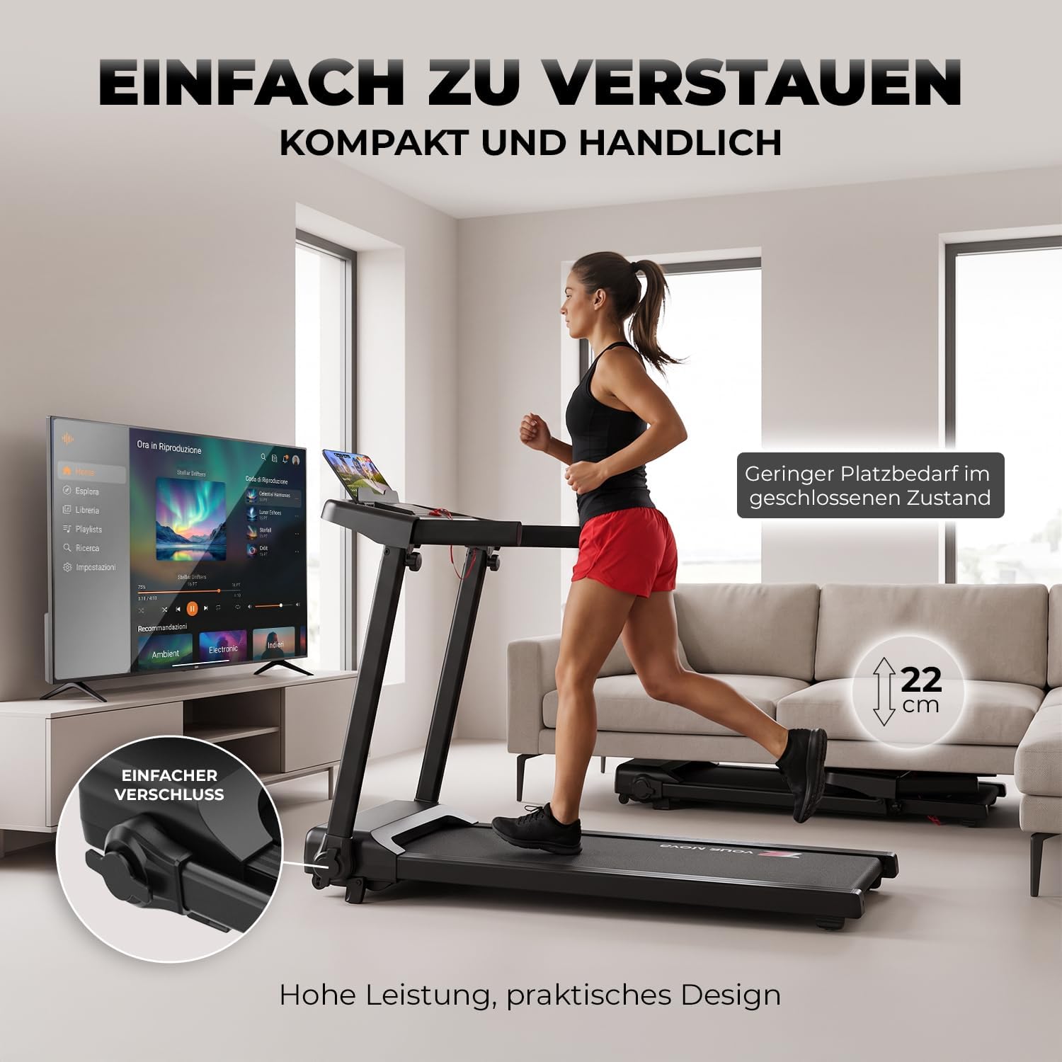 Your Move Next 1000 PRO Laufband für Zuhause, italienische Marke, 12 km/h, mit Steigung und App-Steuerung, klappbar und platzsparend, extra breite Lauffläche, mit seitlichen Haltegriffen – Bild 6