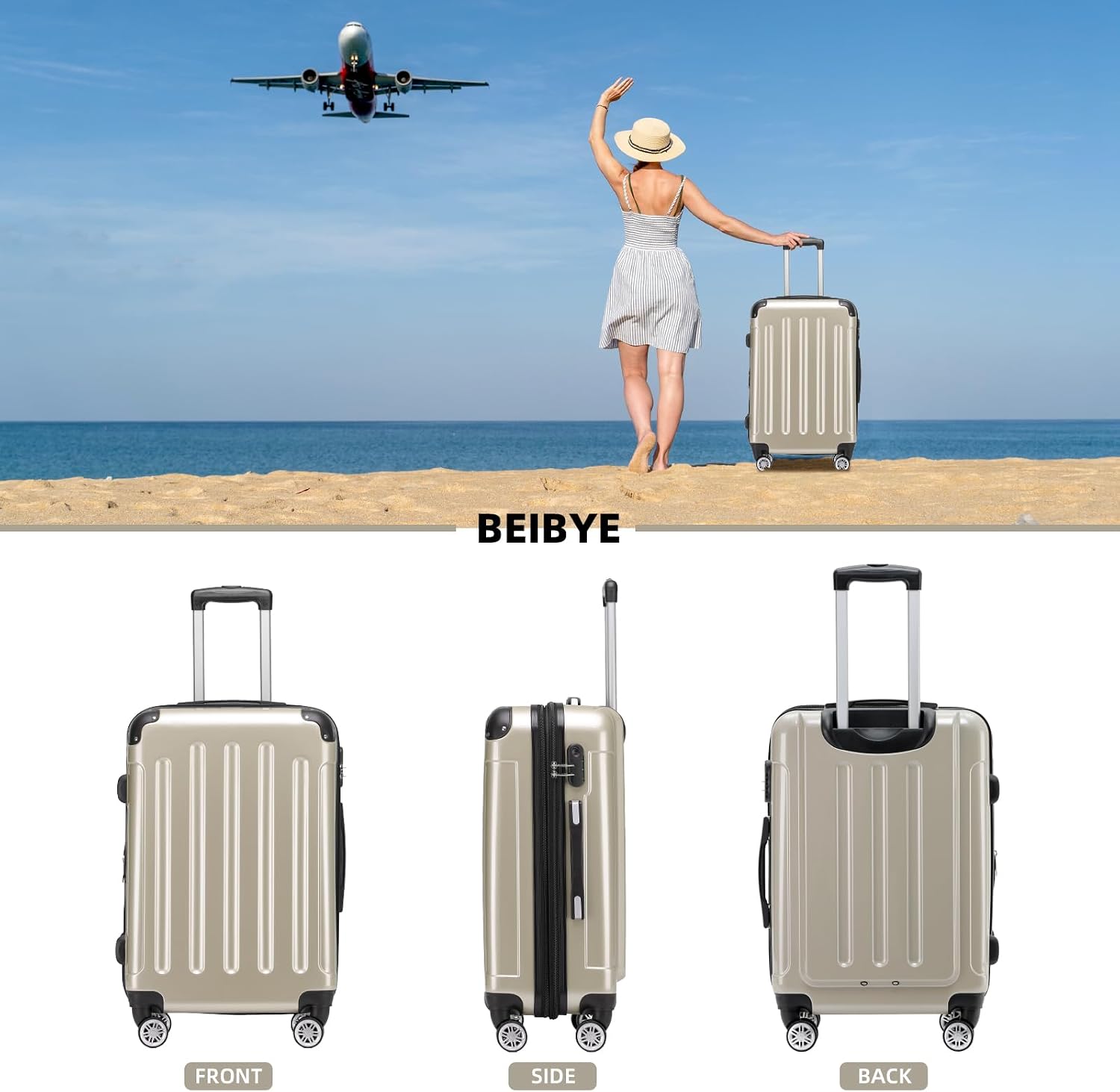 BEIBYE Zwillingsrollen 2048 Hartschale Trolley Koffer Reisekoffer Taschen Gepäck in M-L-XL-Set (Champagner, L) – Bild 2