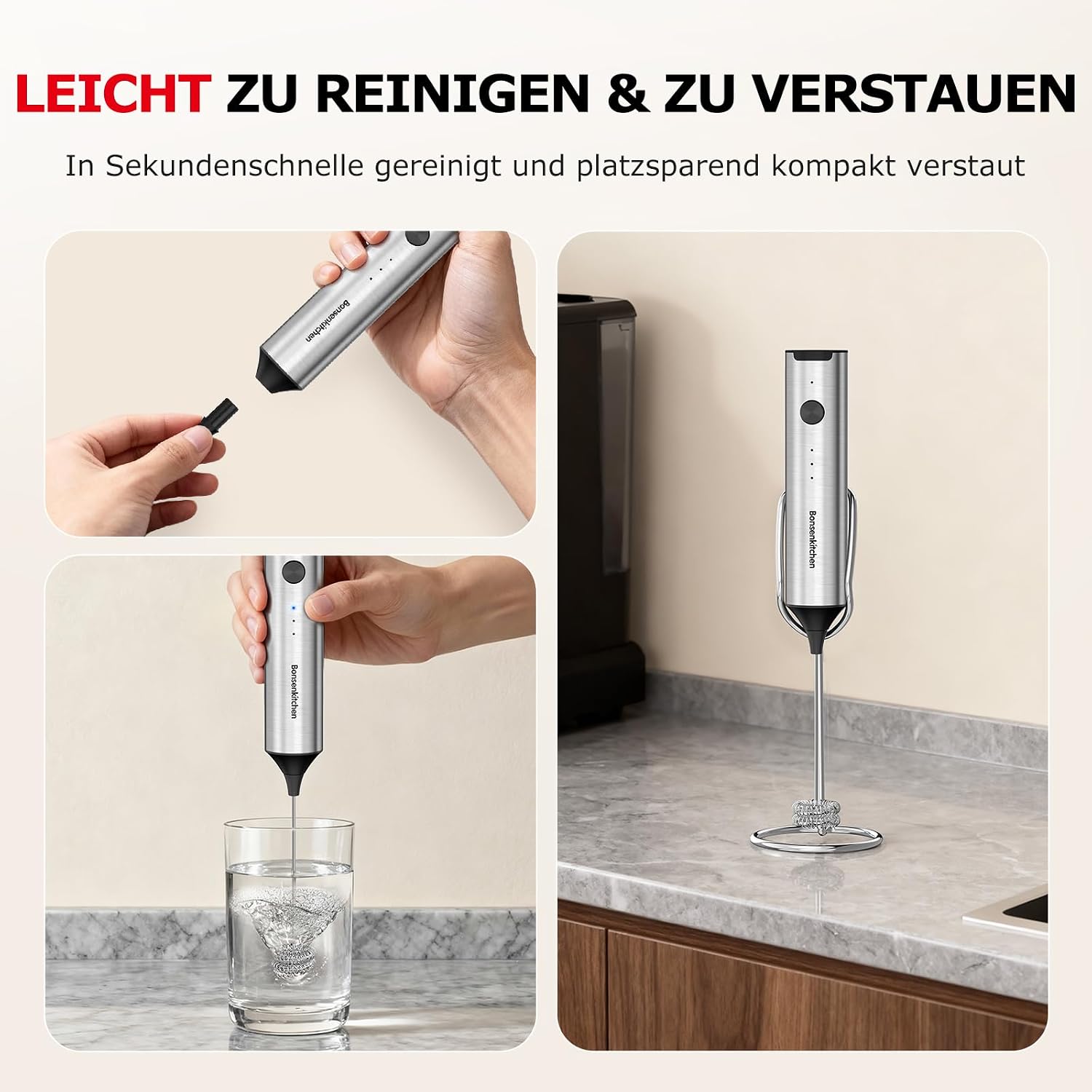 Bonsenkitchen Wiederaufladbarer Milchaufschäumer, 3-Geschwindigkeiten – Bild 6