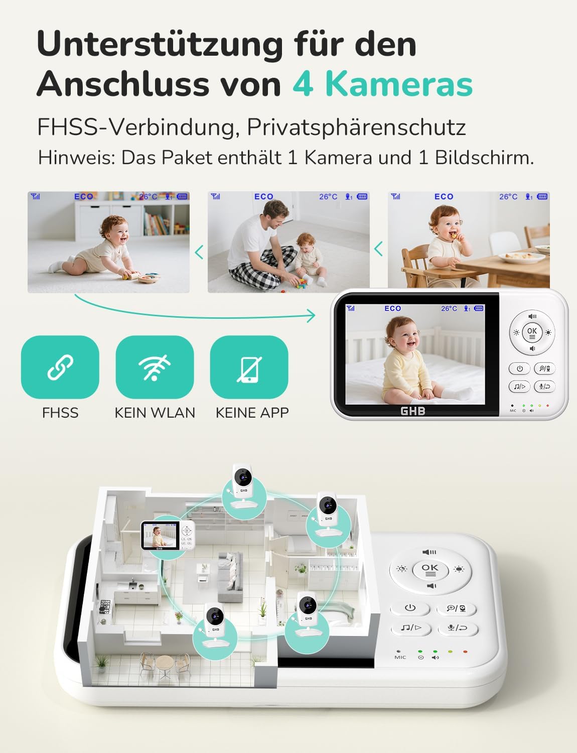 GHB Babyphone mit Kamera Baby Monitor 3,2 Zoll Weiß – Bild 8