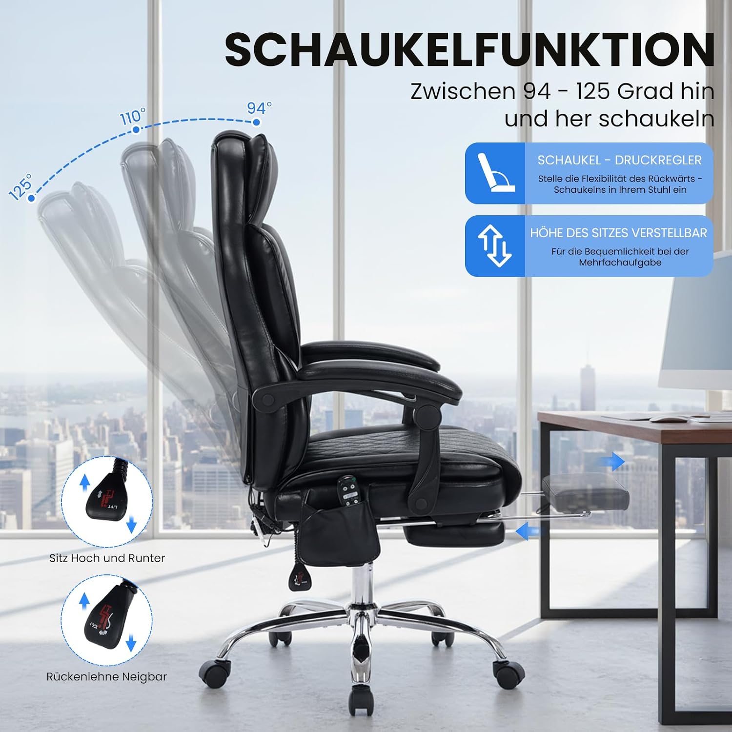Bürostuhl Ergonomisch mit Massagefunktion, Ergonomischer Schreibtischstuhl mit Heizfunktion, Chefsessel mit Fußstütze, 360° Drehstuhl, 94-125° Verstellbarer Rückenlehne, für Office, Schwarz – Bild 5