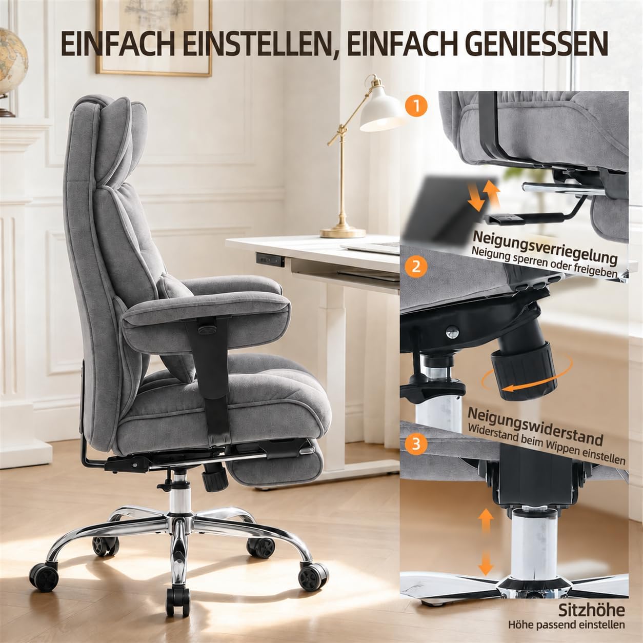 Efomao Bürostuhl, Stoffstuhl Ergonomisch mit Fußstütze, Komfortabler Polsterstuhl bis 200kg mit Lendenkissen & Nackenkissen, Höhenverstellbarer Schreibtischstuhl – Bild 7