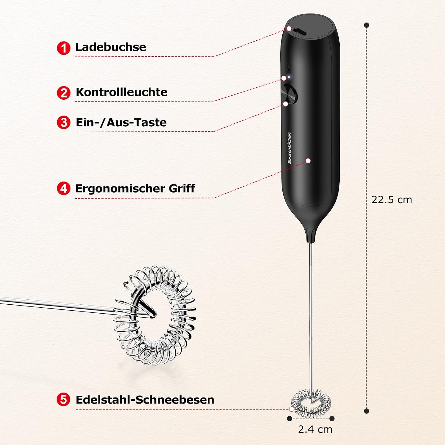 Bonsenkitchen Wiederaufladbarer Milchaufschäumer, Handmilchaufschäumer – Bild 2