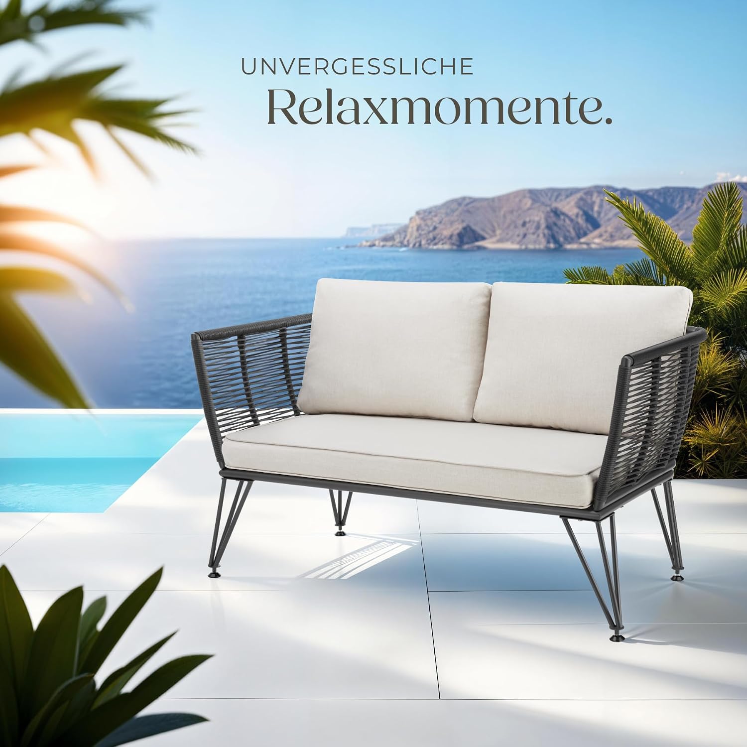 tectake® Rattan Lounge Sofa, Lounge Möbel Outdoor, Balkon Möbel, Outdoor Möbel, Rattan Gartenmöbel, Gartensofa mit Outdoor Kissen wetterfest, Balkonmöbel Kleiner Balkon, Wintergarten – Bild 8