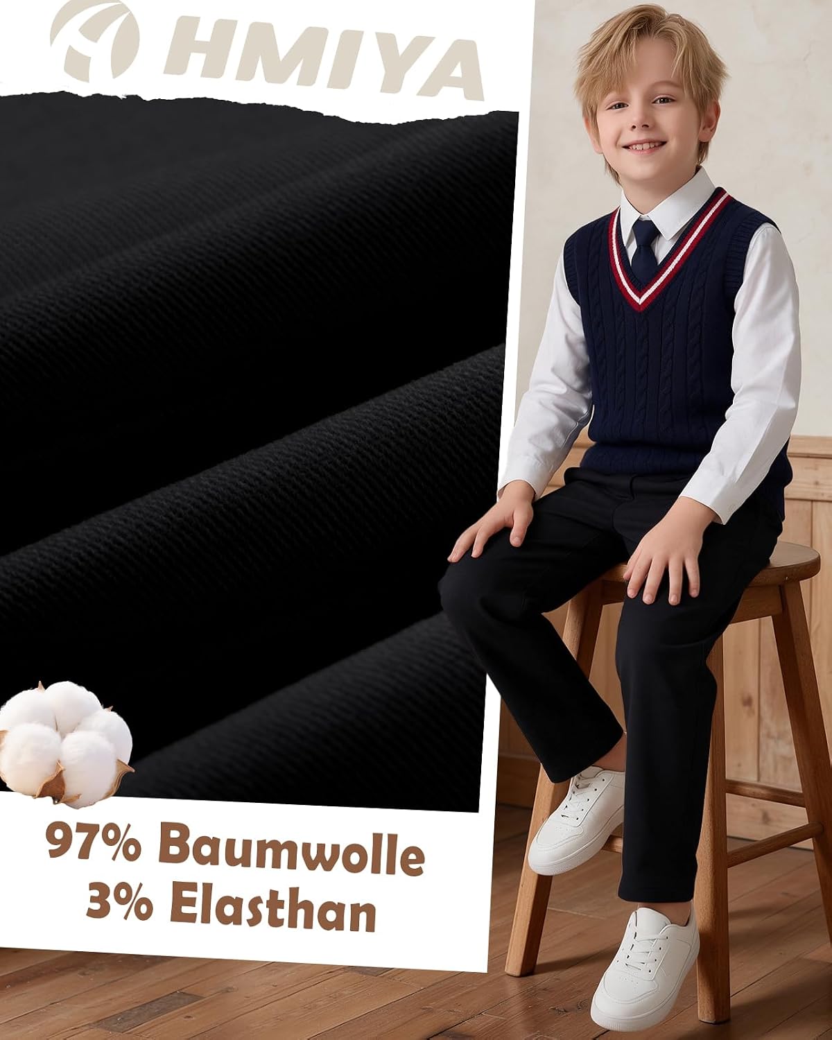 HMIYA Hose für Jungen Baumwolle Chinohose Verstellbar Bund Kinder Stoffhose – Bild 4