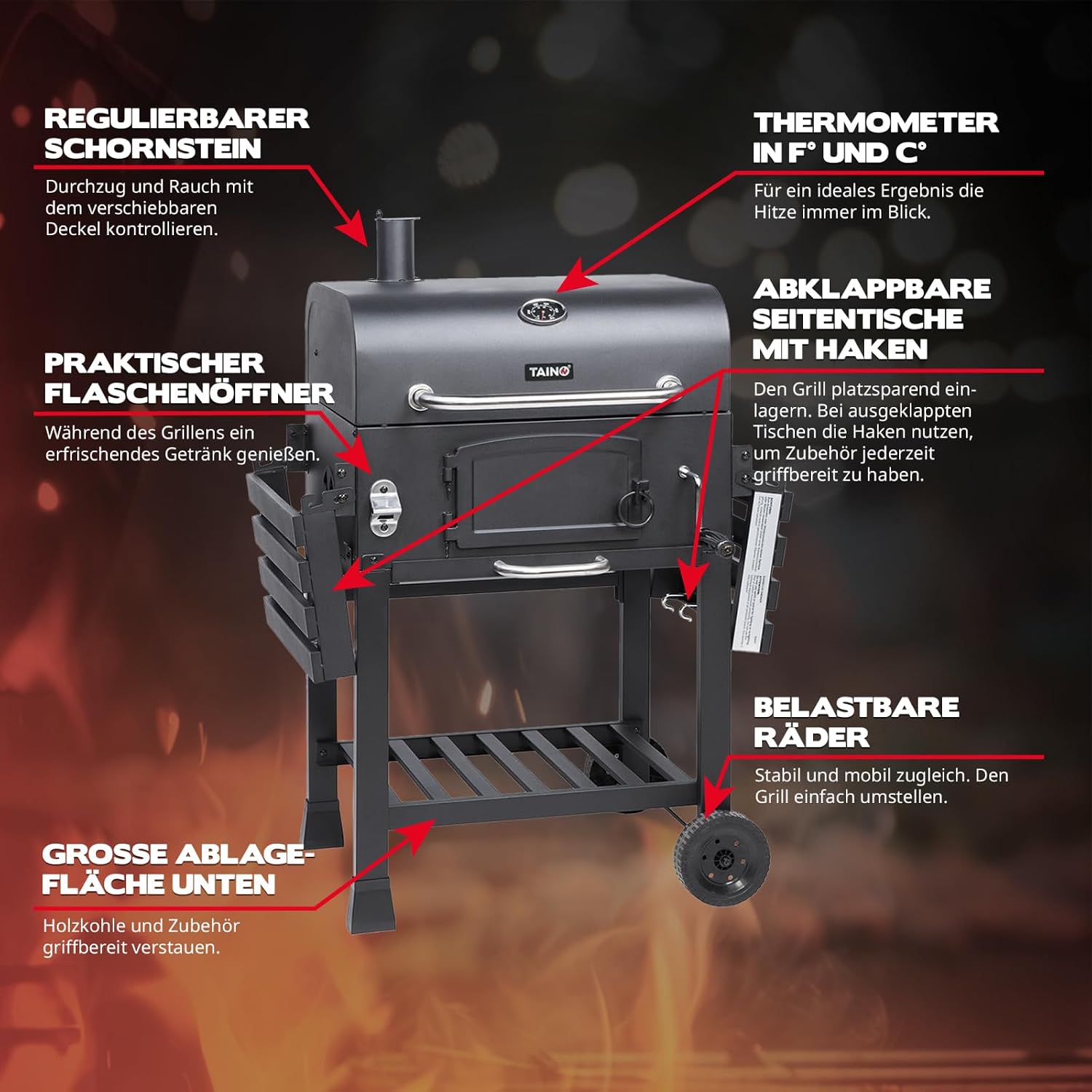 TAINO HERO XL BBQ Smoker GRILLWAGEN Holzkohle Grill Grillkamin Standgrill Räucherofen Zubehör – Bild 5