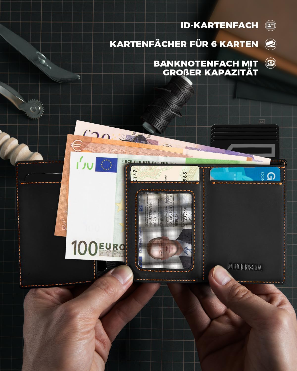 DODENSHA MagSnap Portmonee Herren I Slim Wallet mit Münzfach I Kreditkartenetui Geldbeutel für 10+ Karten I Magnetischer Verschluss Geldbörse Herren I RFID Schutz I SchwarzOrange – Bild 3