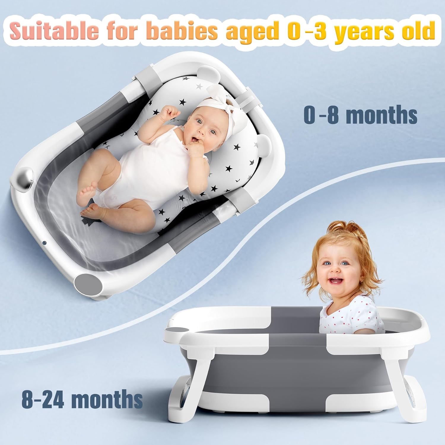 Baby Badewanne Faltbare, Baby Bathtub Babywanne Faltbar Babybadewanne Tragbare Wanne für Neugeborene Kleinkinder mit Rutschfester Matte und Abflussloch (Kein Thermometer) (Grau) – Bild 4