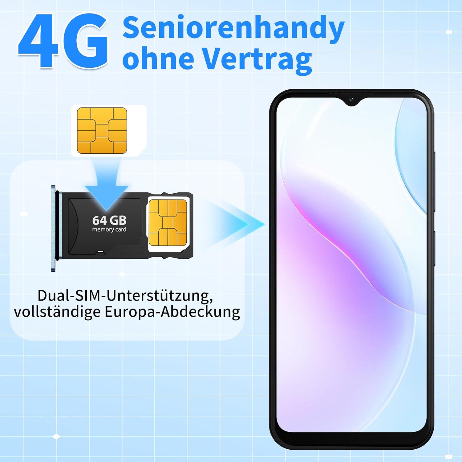 4G Seniorenhandy Smartphone ohne Vertrag, 4+64GBDual-SIM, 6,6 Zoll,Blau – Bild 9