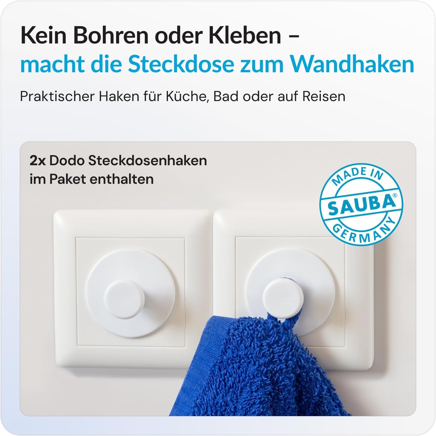 Steckdosenschutz DODO mit Haken | 5er Pack Steckdosenabdeckung blass grün | Steckdosensicherung Kinder | Handtuchhalter ohne Bohren für Schutzkontaktsteckdosen| Schuko-Steckdose Typ C,F,K – Bild 2