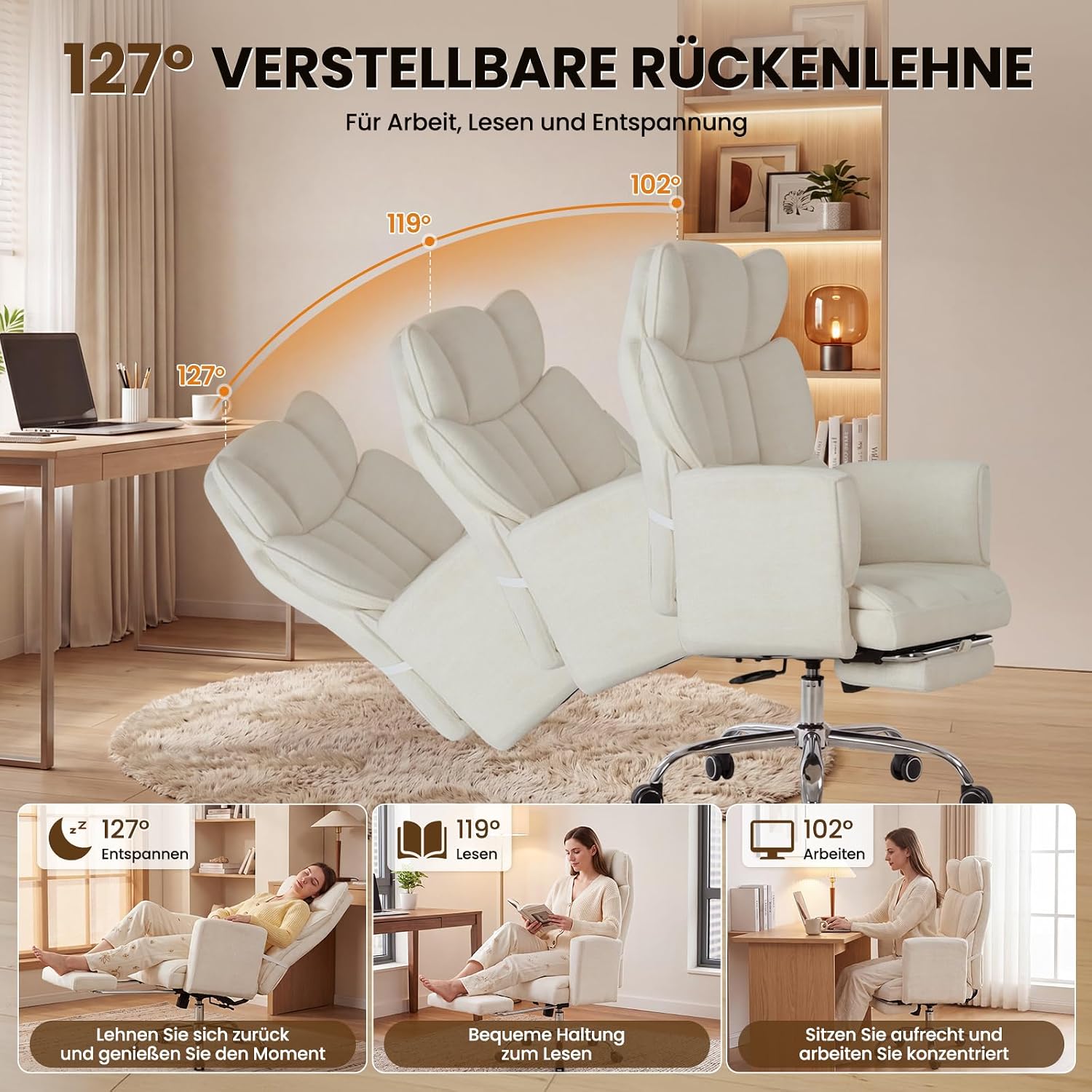 MALOL Ergonomischer Bürostuhl mit Fußstütze, Chefsessel 360° Drehbar, verstellbare Rückenlehne 102°-127°, mit Kopfstütze & Lendenstütze, bis 180 kg belastbar für Home Office & Gaming, Beige – Bild 9