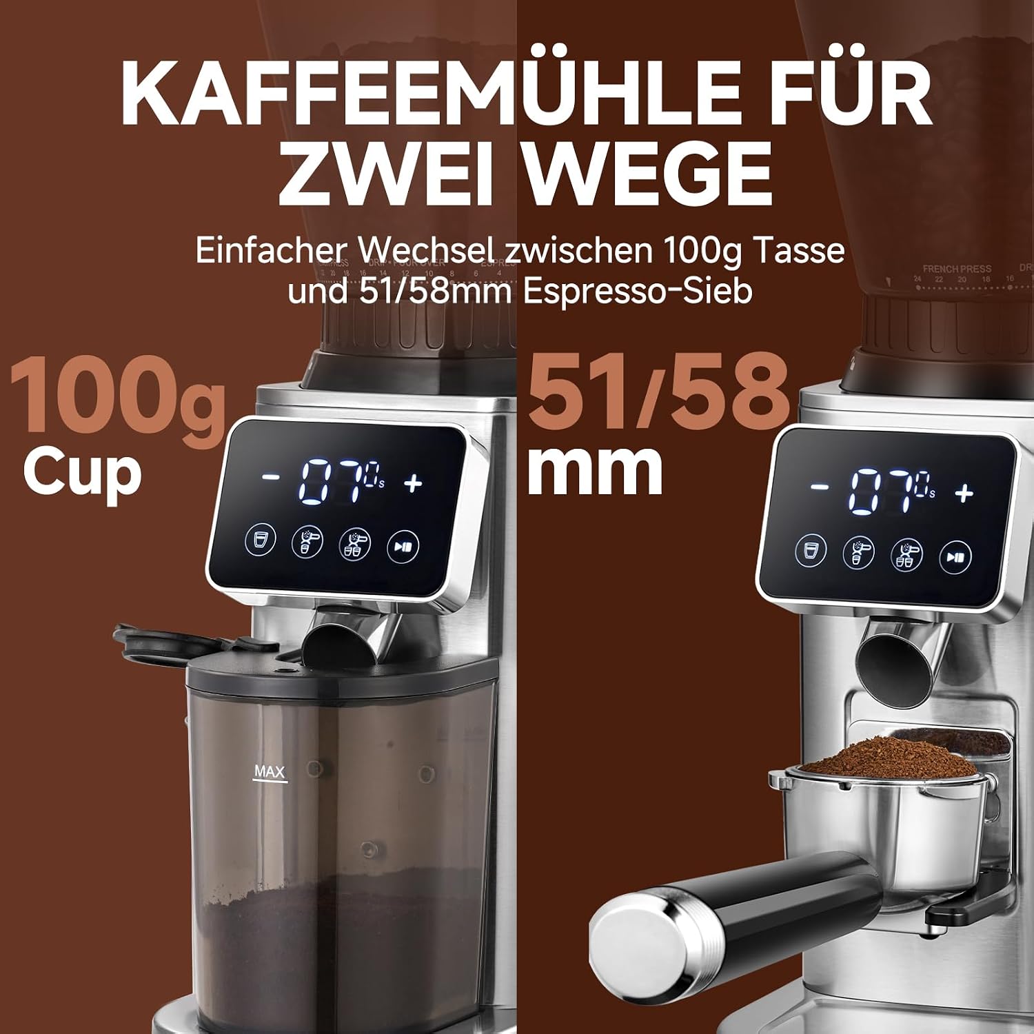 AMZCHEF Kaffeemühle Elektrisch mit 48 Mahlgraden, Edelstahl-Kegelmahlwerk – Bild 7