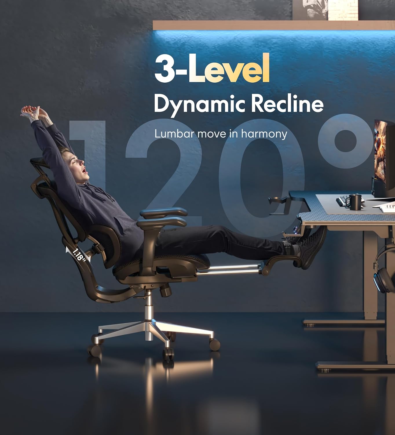FLEXISPOT Ergonomischer Bürostuhl mit Dual-Wing-Lendenstütze, 3D-Kopfstütze & Armlehnen, Verstellbarer Sitztiefe, Rückenlehne, & ausziehbarer Fußstütze, Arbeitsstuhl für Büro & Home Office (Schwarz) – Bild 7