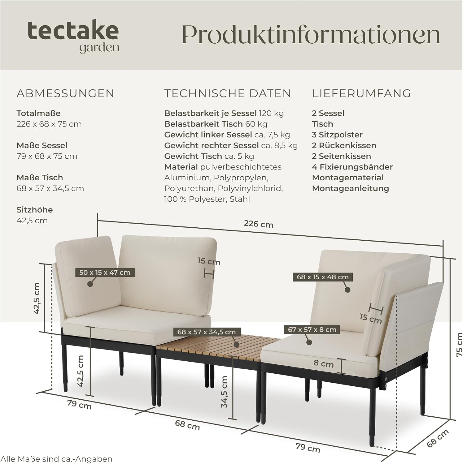 tectake® Aluminium 5in1 Gartenlounge Set, Gartenmöbel mit Outdoor Kissen wetterfest, Lounge Sessel, Liege/Gartenbank, Balkontisch, Balkonmöbel kleiner Balkon, Lounge Möbel Outdoor, Terrasse, Holzoptik – Bild 6