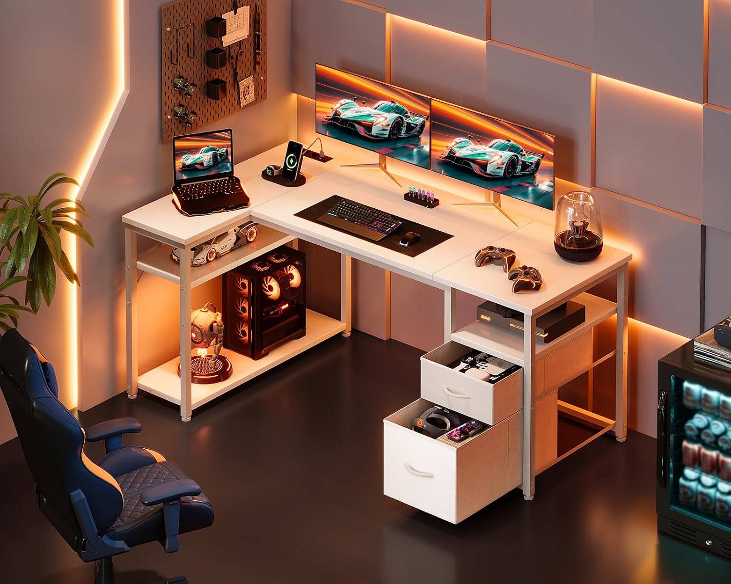 Coleshome Gaming Eckschreibtisch mit 2 Schubladen, 140×80 cm, Weiß – Bild 8