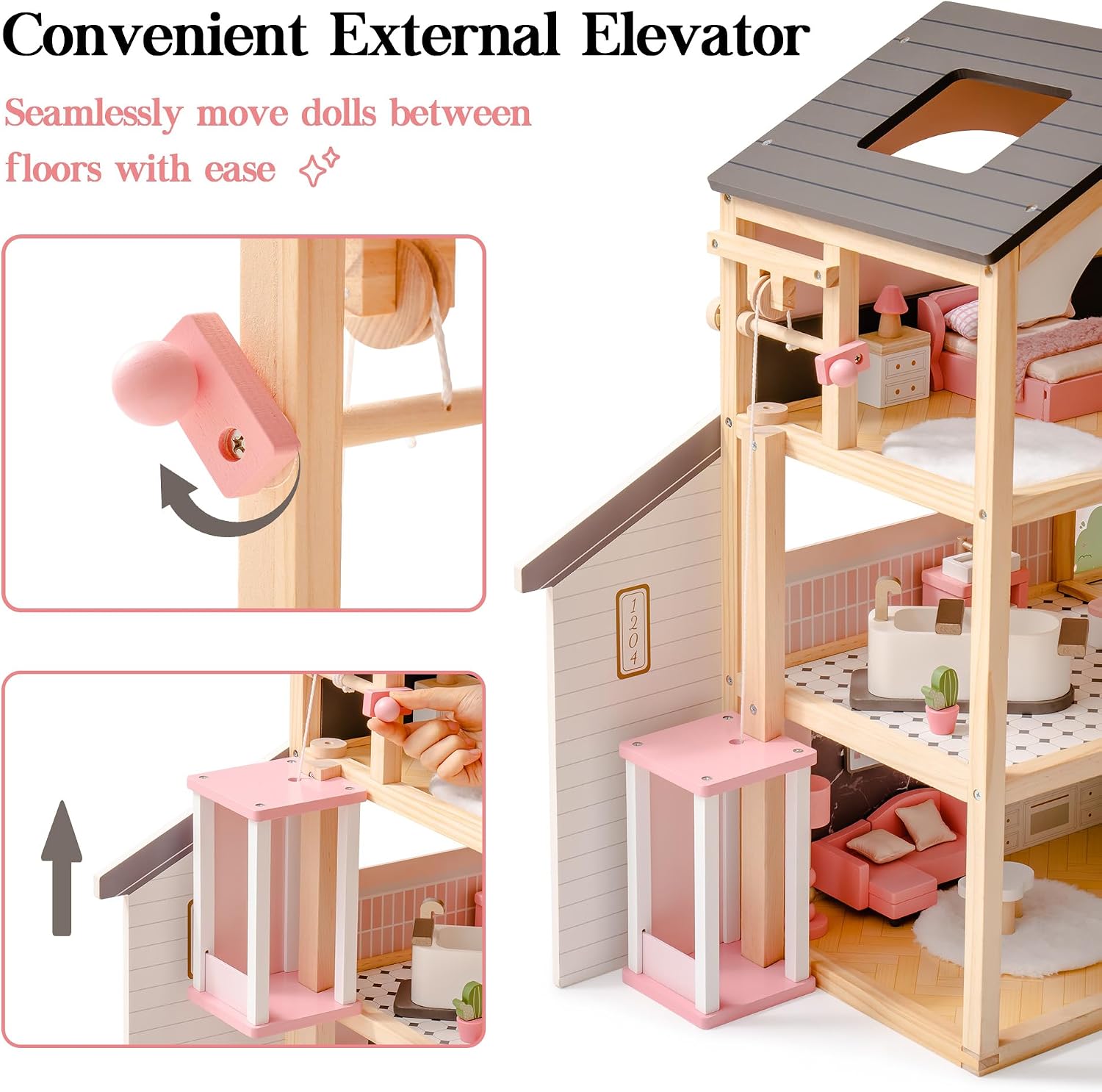 ROBUD Puppenhaus aus Holz,Puppen-Villa mit Möbel,Mit Aufzug, Garage, Pavillon und Schwimmbad,Geschenk für Kinder ab 3, 4, 5, 6 Jahren und älter,Schwarz – Bild 4