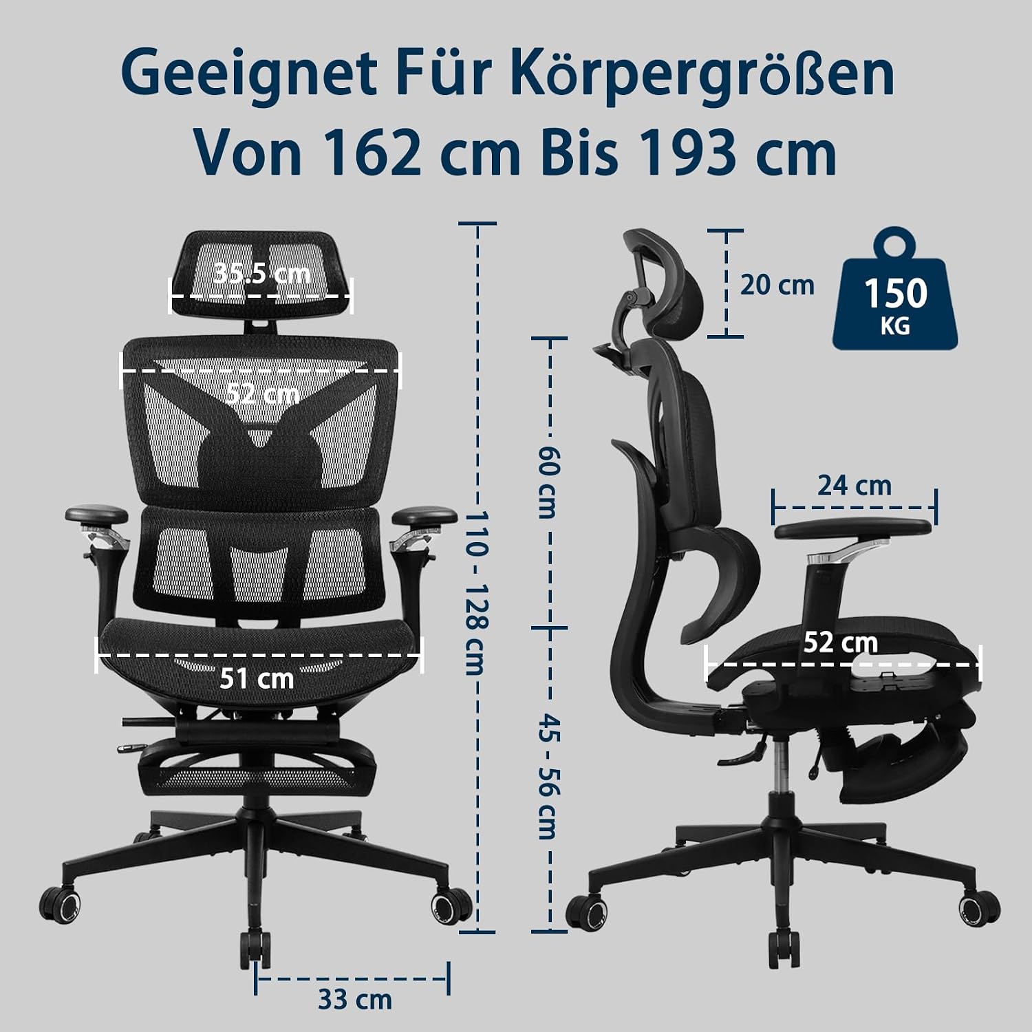 Ergonomischer Bürostuhl Große und Schwere mit Fußstütze, 5D Verstellbare Armlehnen, Lendenstütze, Netz-Rückenlehne, Verstellbare Sitztiefe, Drehbarer Gaming Stuhl Schwarz – Bild 2