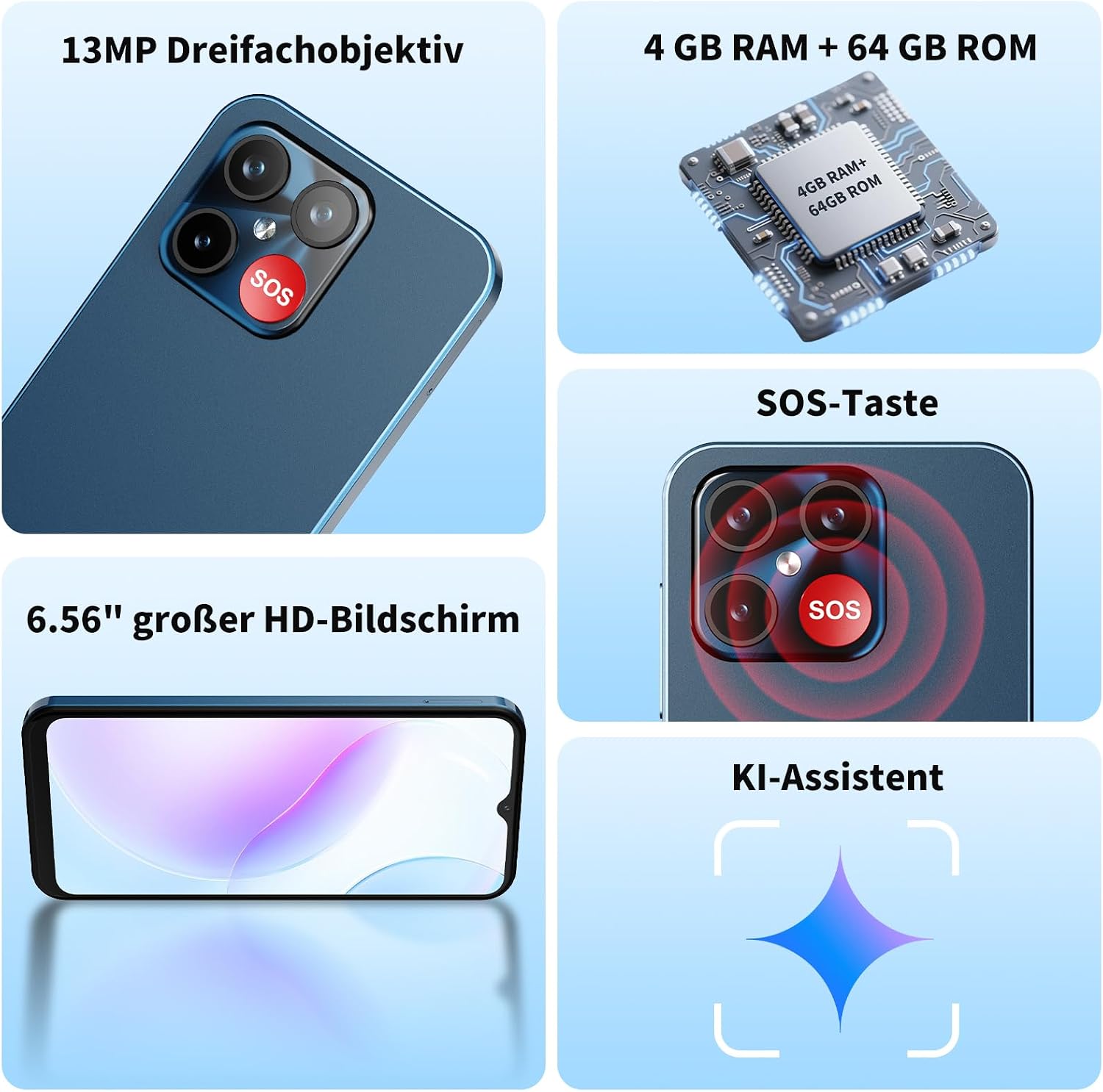 4G Seniorenhandy Smartphone ohne Vertrag, 4+64GBDual-SIM, 6,6 Zoll,Blau – Bild 3