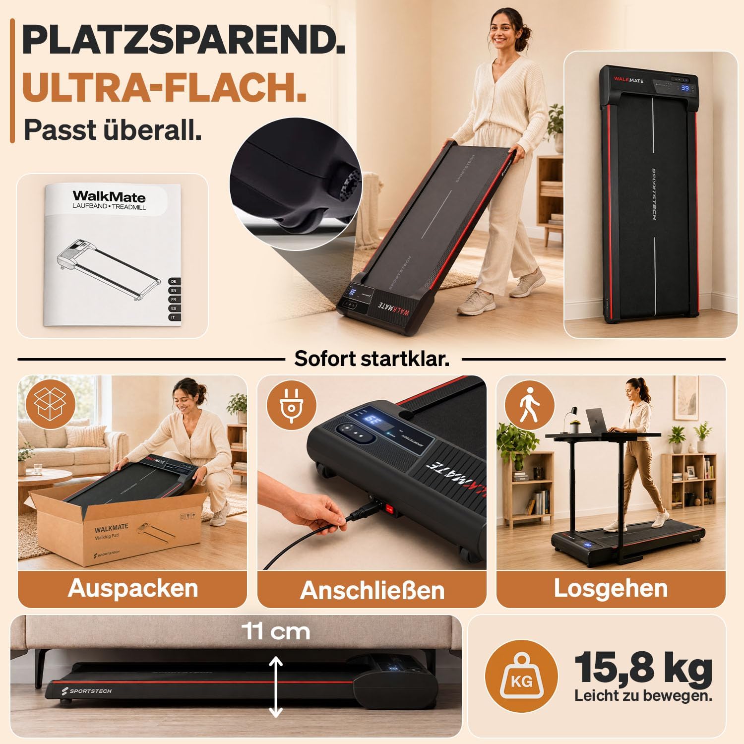 Sportstech Walking Pad klein mit Steigung, Laufband für Zuhause bis 150 kg – Bild 2