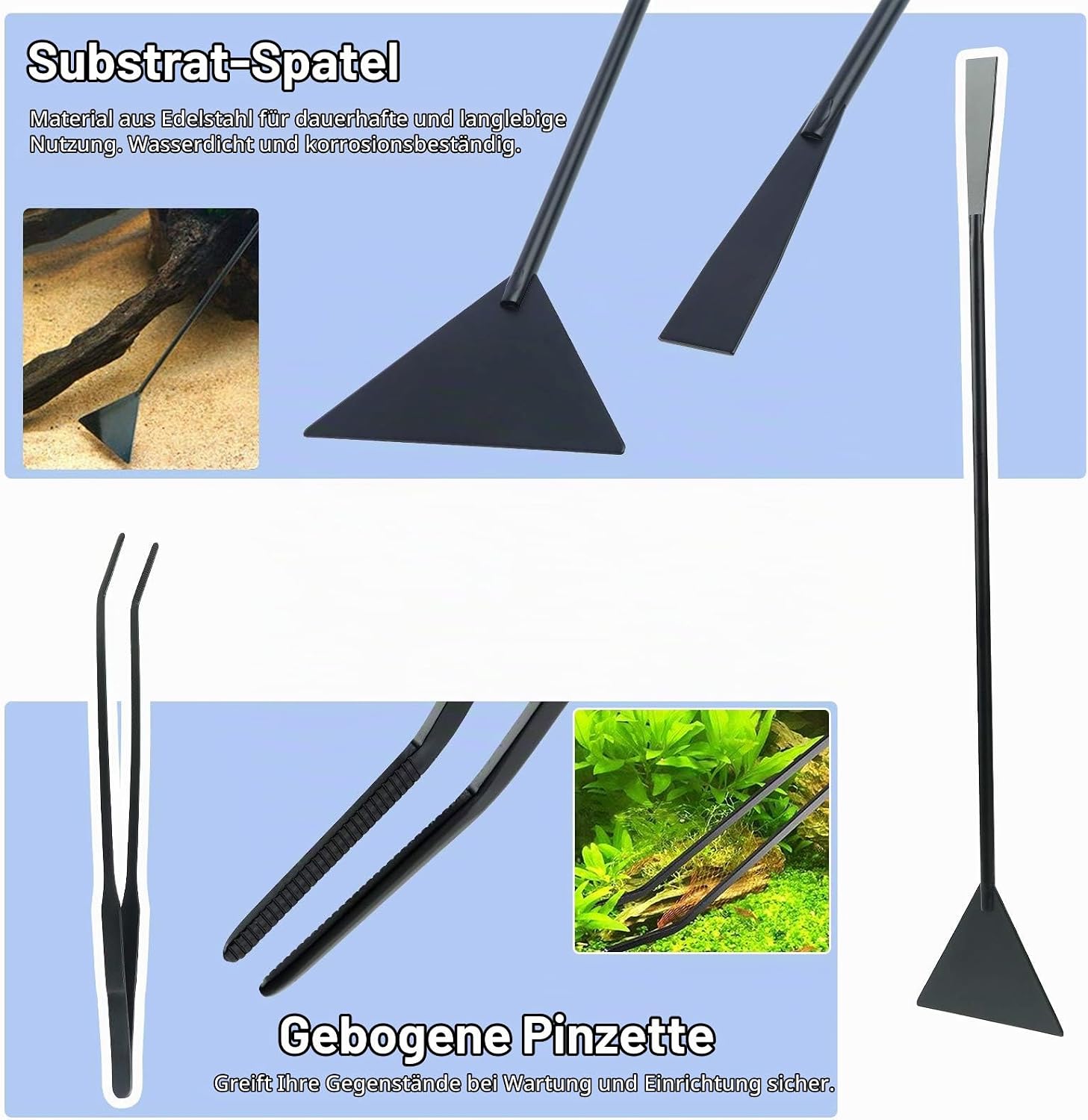 9-in-1 Aquarium-Reinigungswerkzeug-Set, Fischnetz, Kiesrechen, Pflanzengabel, Schaber, Schwamm und Edelstahl-Aquarium-Werkzeug-Set, Aquarium-Reiniger, Aquascape Wasserpinzette, Schaber-Set – Bild 3