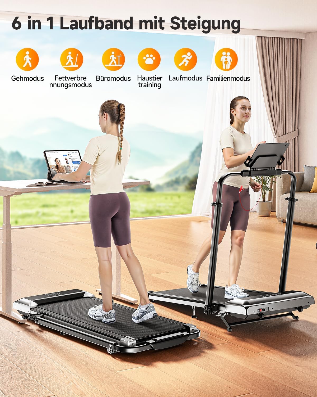 Laufband für Zuhause mit 12% Steigung, 12km/h Klappbar Laufband mit 1150MM Einziehbares Steigrohr, 6 in 1 Walking Pad, 95°/105° Drehbarer Steigrohr, 2.5HP Leiser Motor, Fernbedienung und App – Bild 5