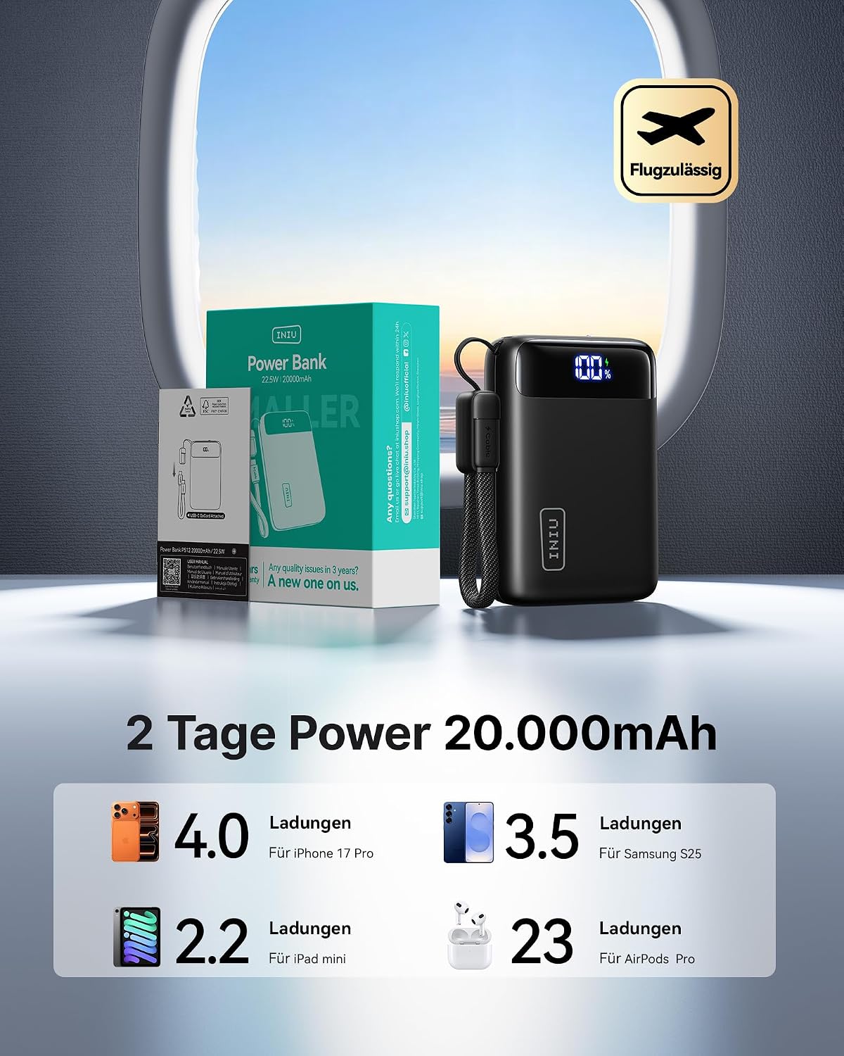 INIU 20000mAh Power Bank, Klein 22.5W Schnellladung Externe Handyakkus – Bild 4