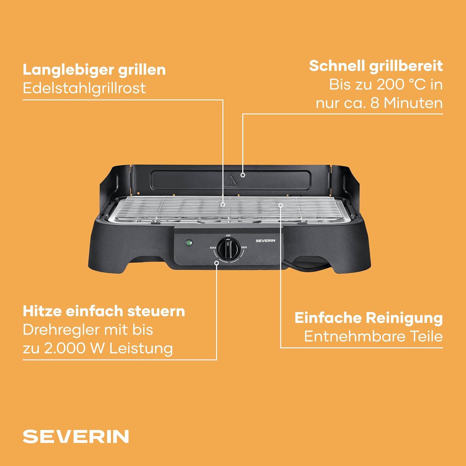 Severin Elektrogrill, Temperaturen 35-200 Grad Celsius, schnelles Aufheizen, 38x22 cm, Tischgrill mit Auffangschale, Edelstahl-Grillrost, Balkongrill, einfache Reinigung, 2000W, schwarz, PG 8593 – Bild 3