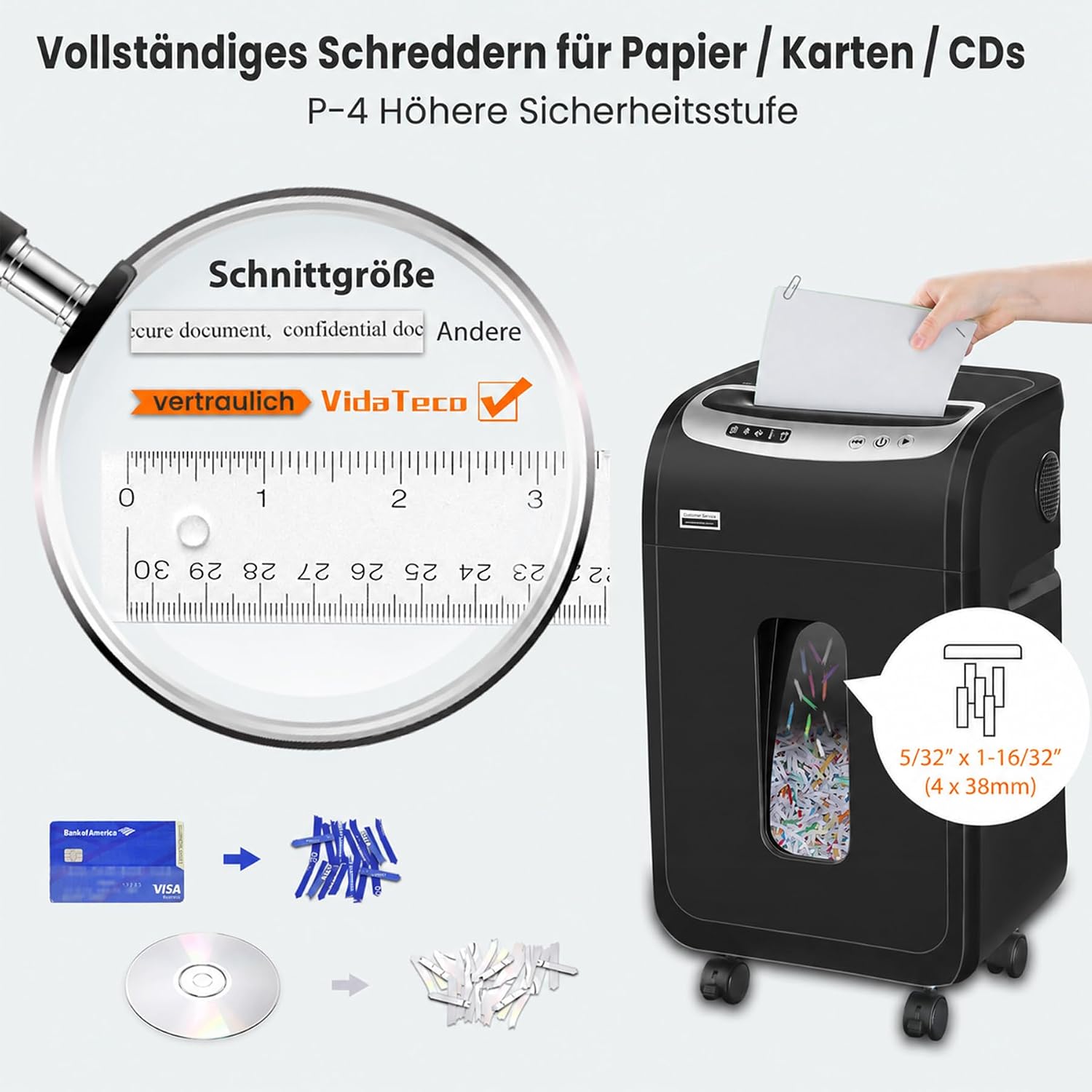 VidaTeco Aktenvernichter 20 Blatt für Büro P4 mit 30L 60min 58dB Leise – Bild 4