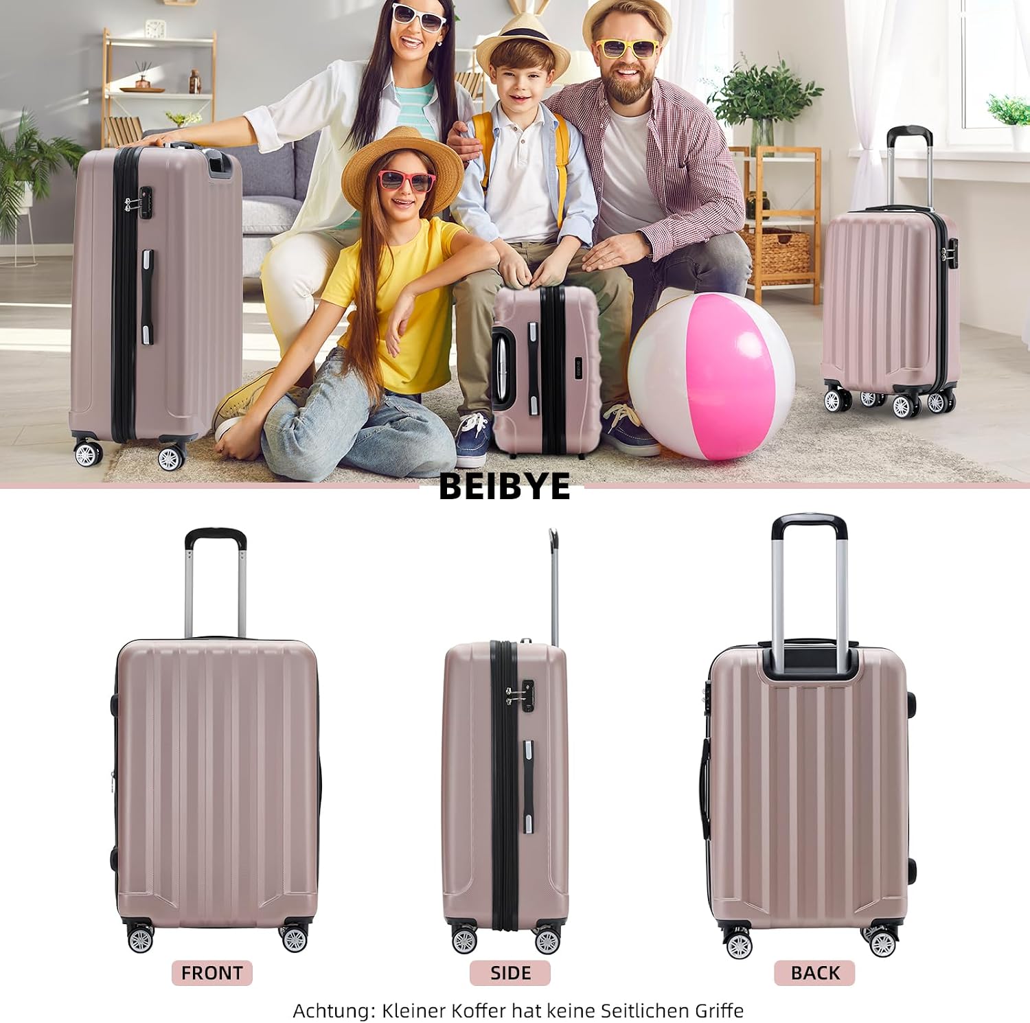 BEIBYE TSA-Schloß 2080 Gepäck Zwillingsrollen Reisekoffer Koffer Trolley Hartschale Dehnungsfuge (Rosa Gold, L) – Bild 2