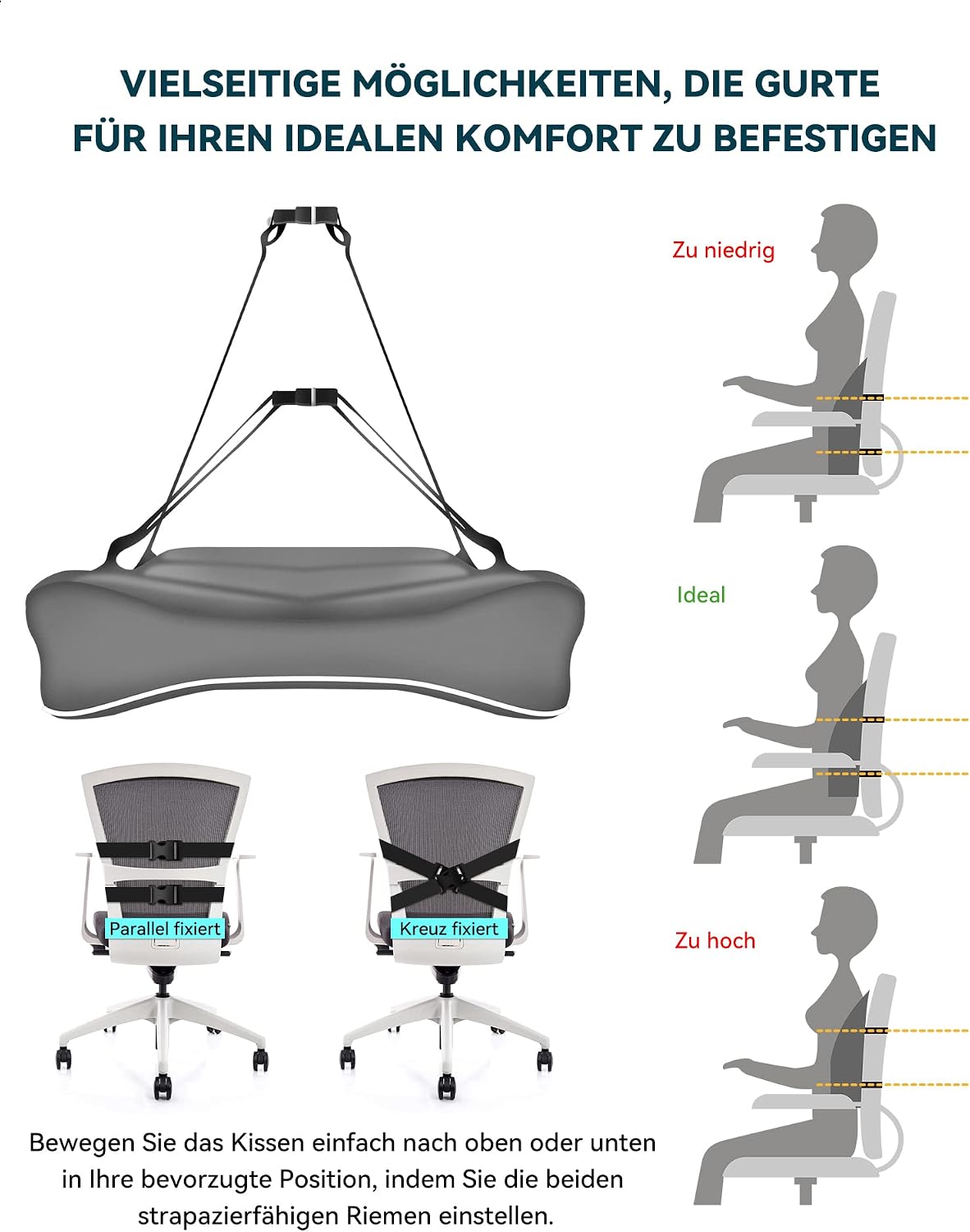 Travel Ease Ergonomisches RückenKissen aus Memory Foam, Lendenkissen für Bürostuhl, Schreibtischstuhl, mit Antistatischem, hautfreundlichem Bezug und für eine Bequeme Sitzhaltung (Grau) – Bild 6