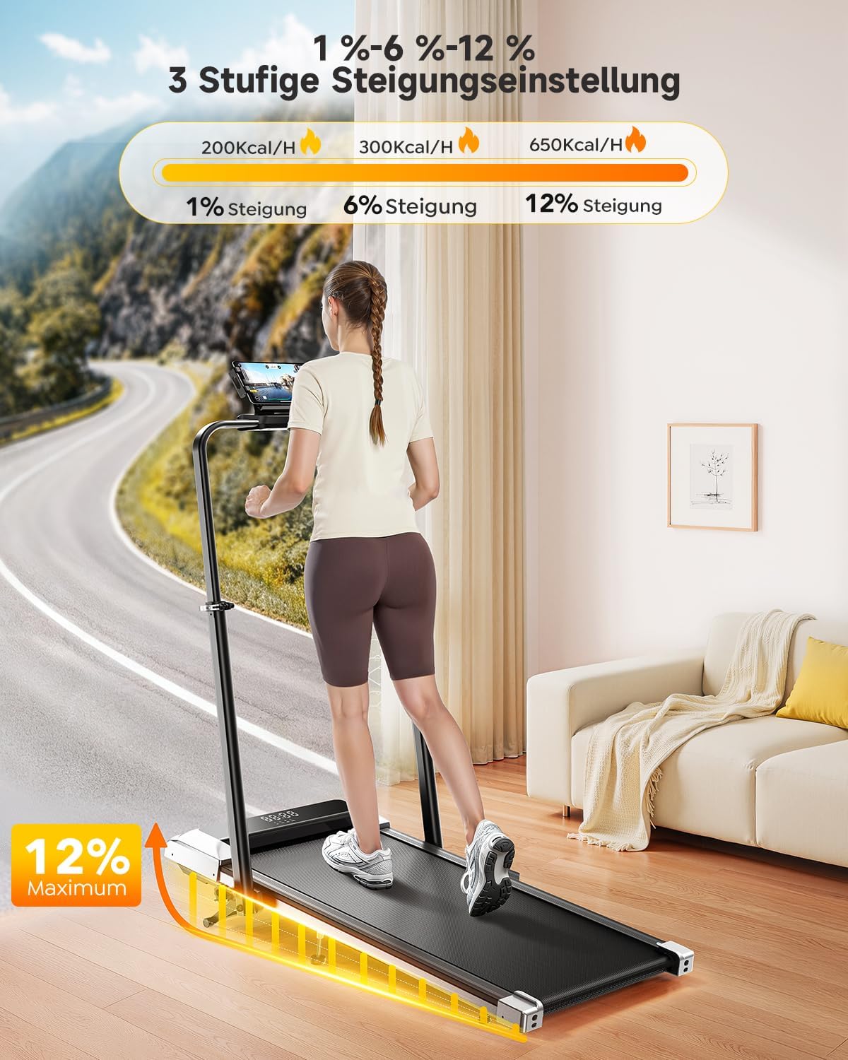 Laufband für Zuhause mit 12% Steigung, 12km/h Klappbar Laufband mit 1150MM Einziehbares Steigrohr, 6 in 1 Walking Pad, 95°/105° Drehbarer Steigrohr, 2.5HP Leiser Motor, Fernbedienung und App – Bild 2