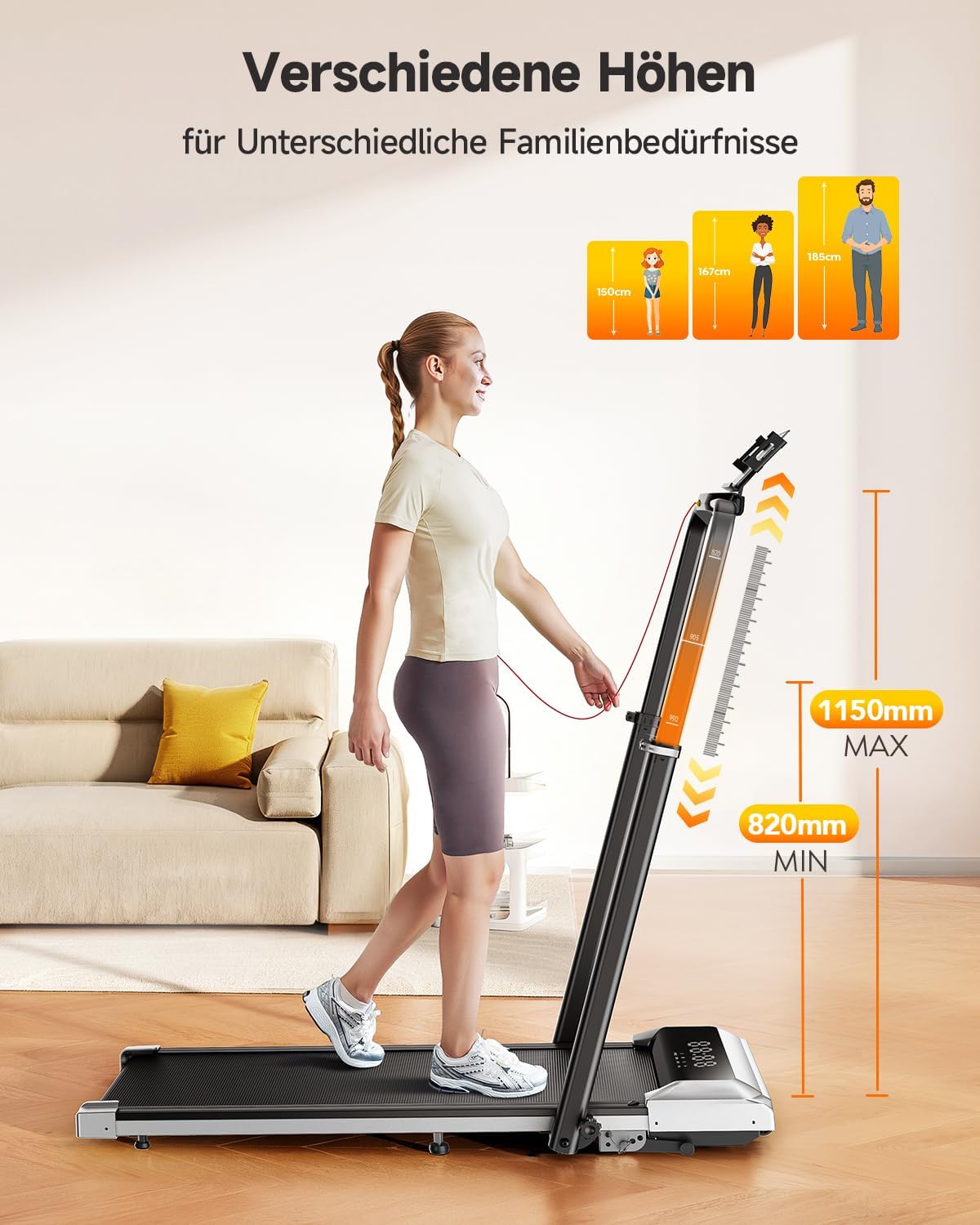 Laufband für Zuhause mit 12% Steigung, 12km/h Klappbar Laufband mit 1150MM Einziehbares Steigrohr, 6 in 1 Walking Pad, 95°/105° Drehbarer Steigrohr, 2.5HP Leiser Motor, Fernbedienung und App – Bild 3