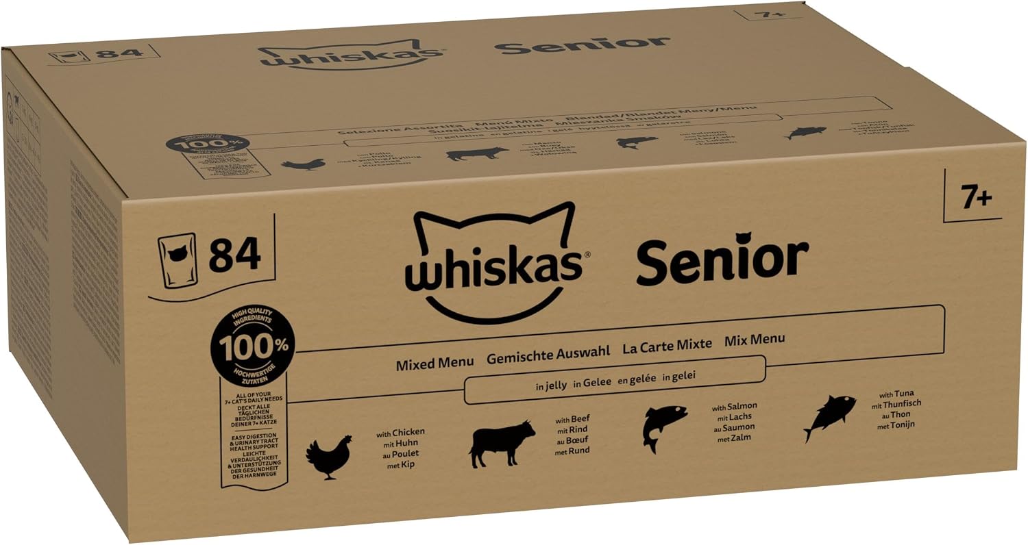 Whiskas Senior 7+ Katzennassfutter Gemischte Auswahl in Gelee, 84 Portionsbeutel, 84x85g (1 Großpackung) – Hochwertiges Katzenfutter nass, für Katzen ab 7 Jahren und älter – Bild 2