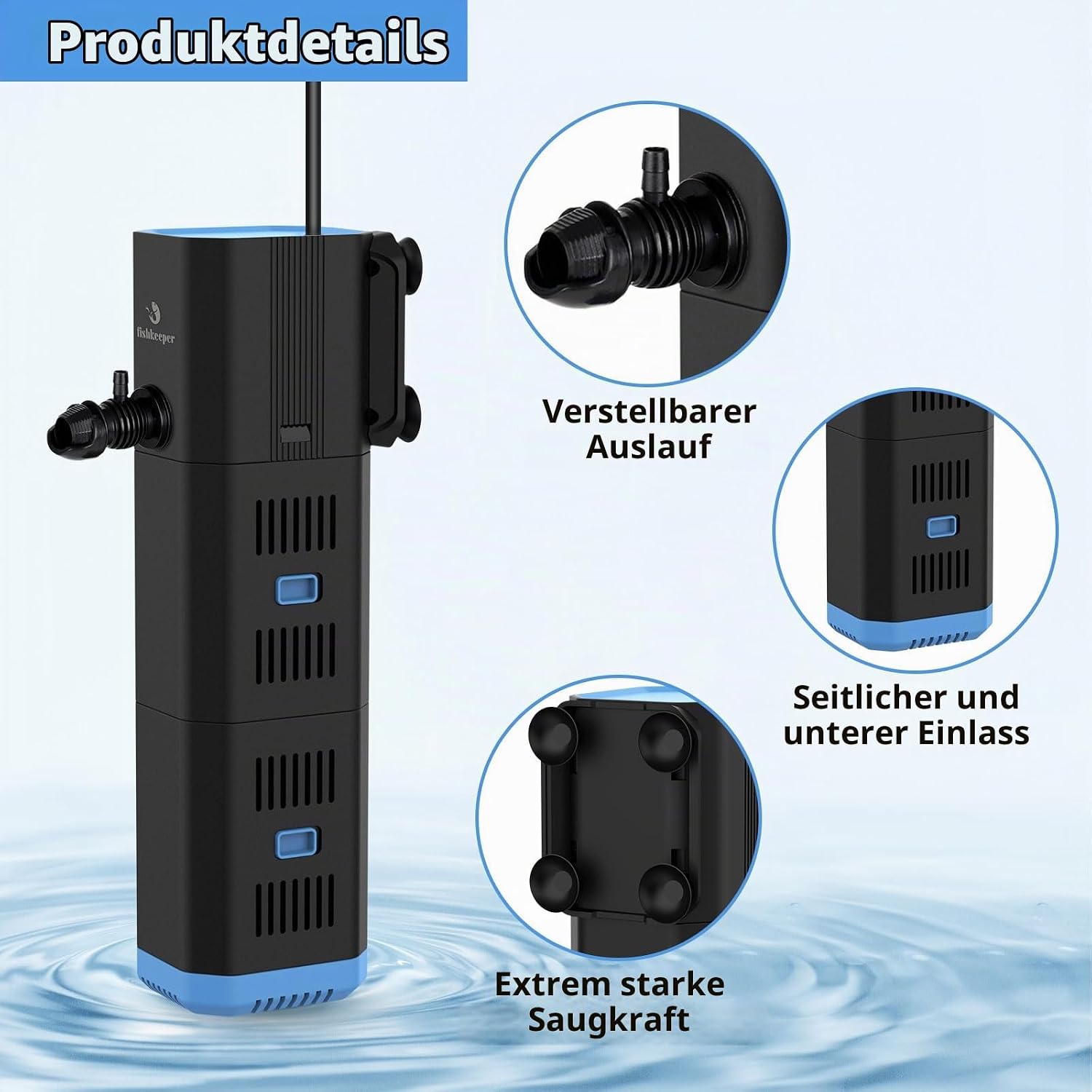 fishkeeper 4-in-1 Leiser Aquarium Filter, Einstellbar Aquarium innenfilter – Bild 4