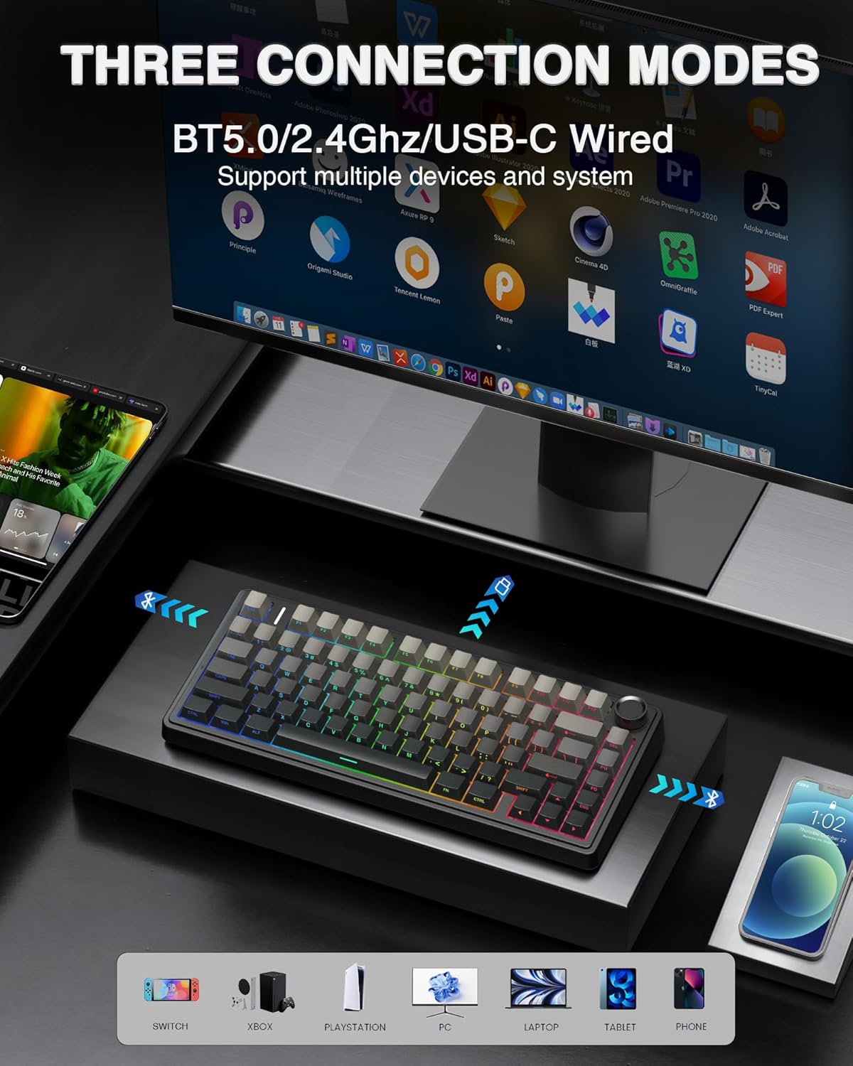 AULA F75 PRO Mechanische Tastatur Gaming,2.4GHz/Type-C/BT5.0 Mechanical Keyboard,Seitlich Graviert,Fünfschichtige Polsterung Struktur,QWERTY,Hot-Swap Kabellos Gaming Tastatur 75 Prozent (Grau) – Bild 3