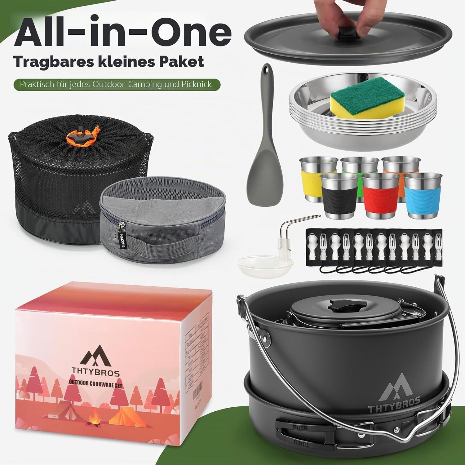 THTYBROS 43-teiliges Aluminium Camping-Set für 6 Personen mit Topf, Wasserkocher, Pfanne & Geschirr für Outdoor – Bild 5