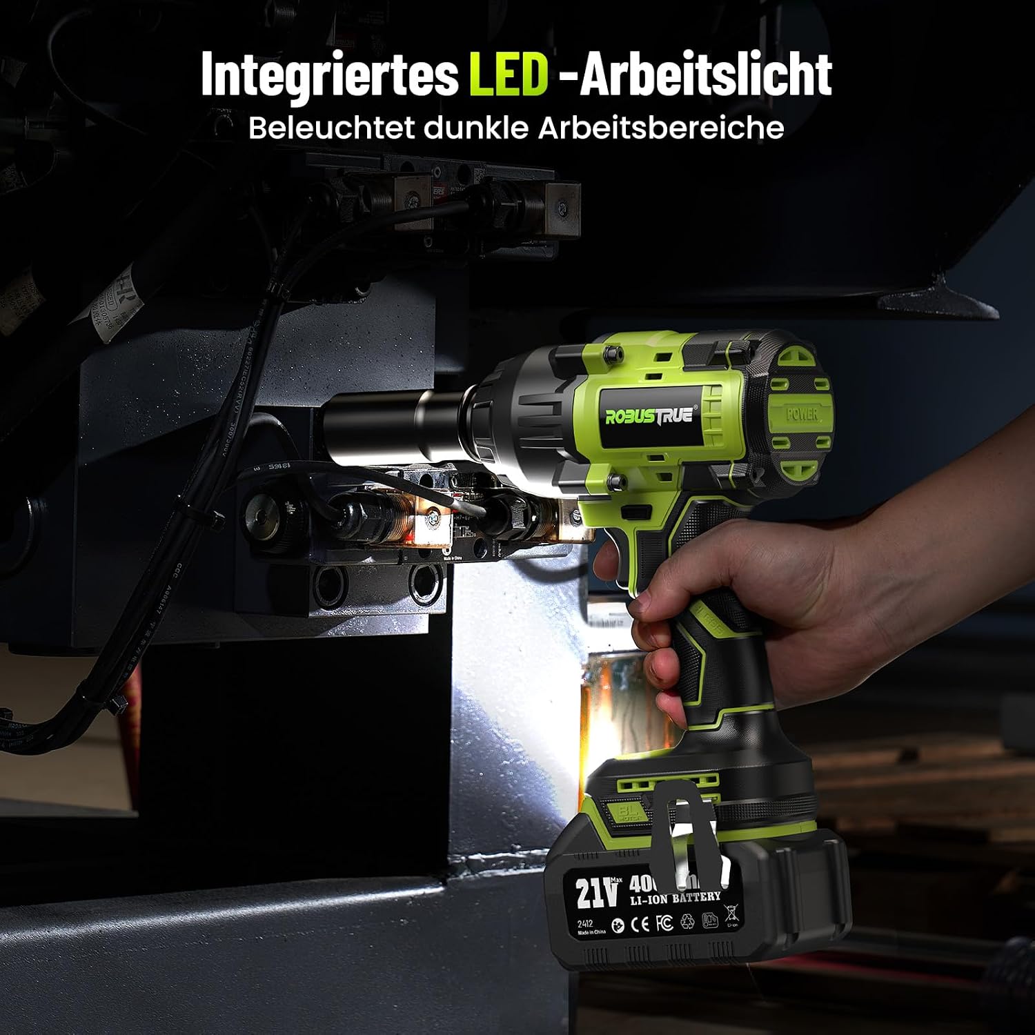 Robustrue 1400N.m Akku Schlagschrauber 1/2 Zoll, Bürstenloser Hochdrehmoment Schlagschrauber, 2400 U/min, 2×4,0Ah Akkus, Schnellladegerät, Für LKW, Wohnmobil, Rasenmäher – Bild 5