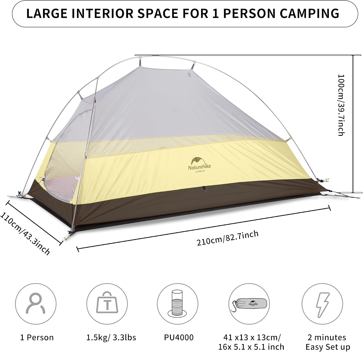 Naturehike Cloud Up Wanderzelt für 1 Person, leichtes Campingzelt zum Wandern, Kuppel für 1 Mann – Bild 2