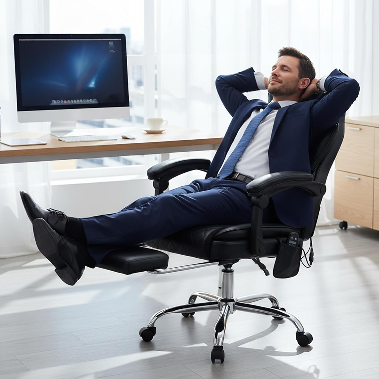 Bürostuhl Ergonomisch mit Massagefunktion, Ergonomischer Schreibtischstuhl mit Heizfunktion, Chefsessel mit Fußstütze, 360° Drehstuhl, 94-125° Verstellbarer Rückenlehne, für Office, Schwarz – Bild 4