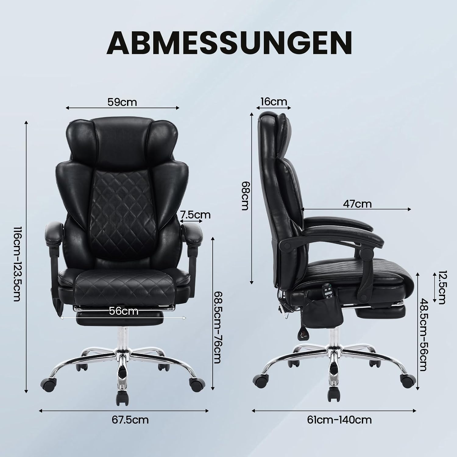 Bürostuhl Ergonomisch mit Massagefunktion, Ergonomischer Schreibtischstuhl mit Heizfunktion, Chefsessel mit Fußstütze, 360° Drehstuhl, 94-125° Verstellbarer Rückenlehne, für Office, Schwarz – Bild 3