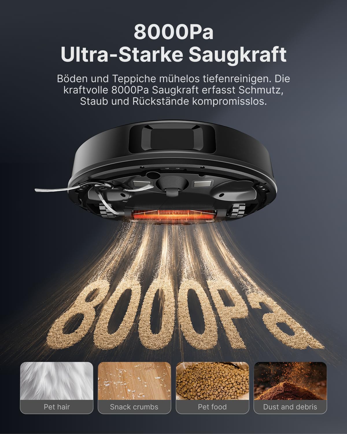 VONKO S6 Pro Saugroboter mit Wischfunktion und Absaugstation, 8000Pa Saugkraft,LiDAR 2.0 Laser Navigation,180 Min.Laufzeit,Teppicherkennung,App/Alexa,Ideal für Tierhaare, Hartböden,Schwarz – Bild 2