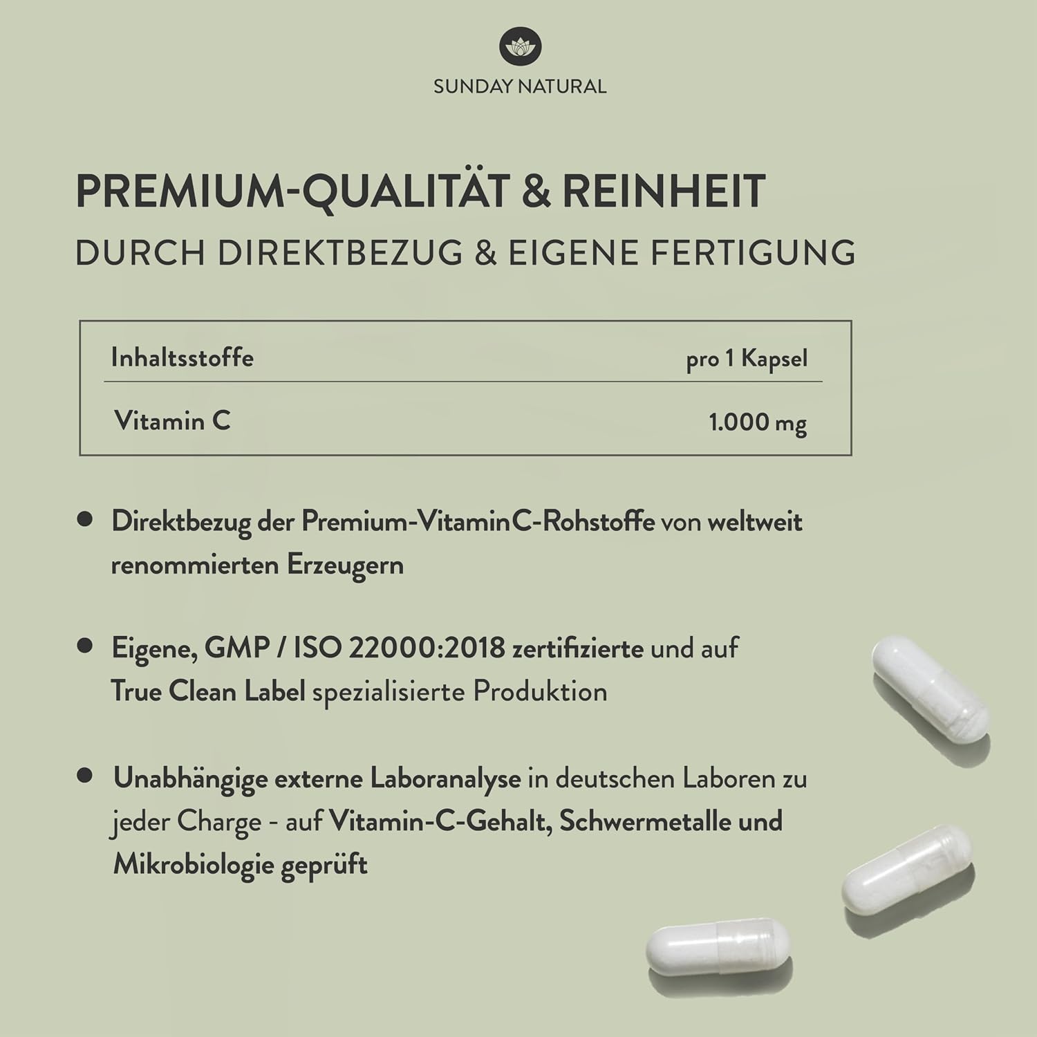 SUNDAY NATURAL® Reines Vitamin C - 240 Kapseln - Hochdosiert mit 1000mg pro Kapsel – Ascorbinsäure mit hoher Reinheit – Vegan, laborgeprüft in Deutschland – Bild 3