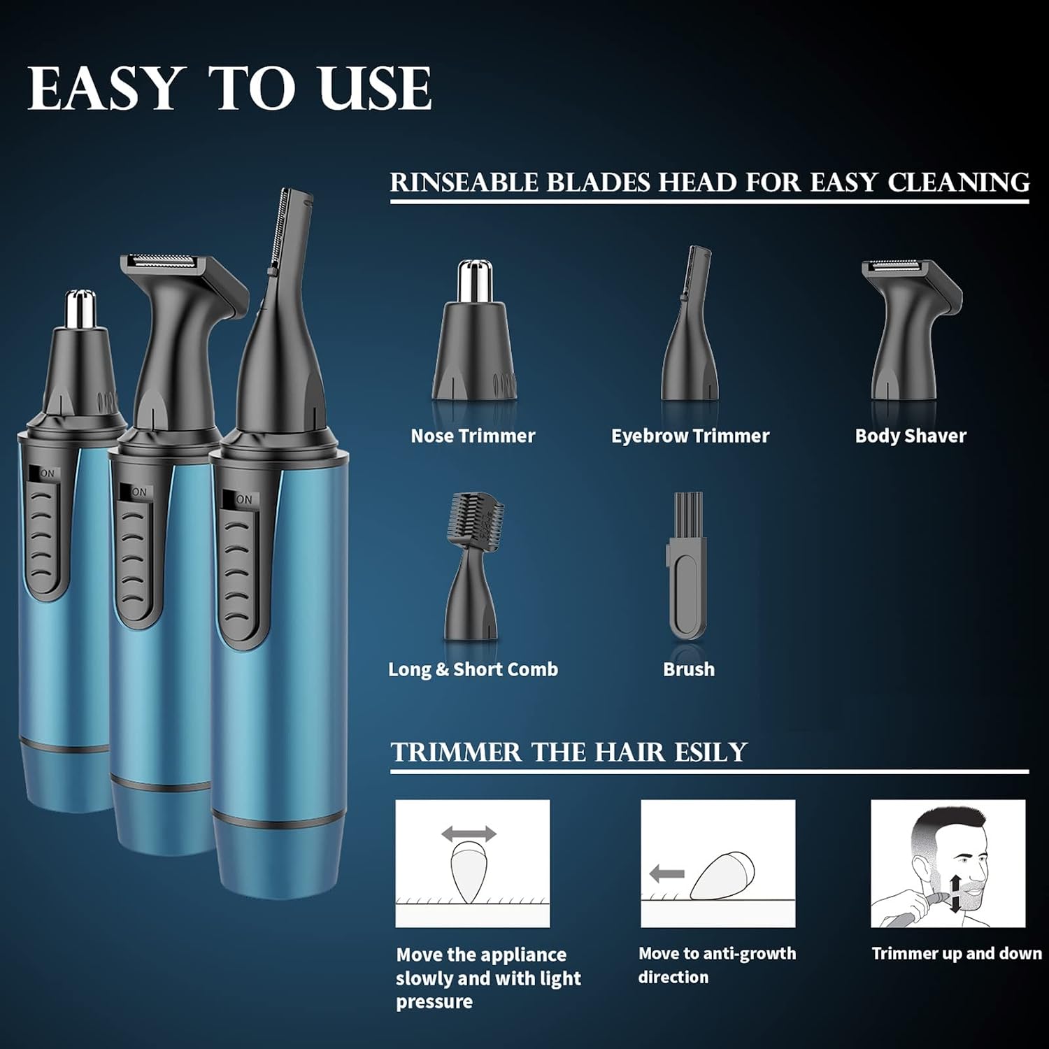 Nasenhaartrimmer Herren, 3 in 1 Professioneller USB Wiederaufladbar Nasenhaartrimmer, Nasenhaarentferner mit IPX7 Wasserdicht, Dual-Klingen, Einfache Reinigung, Nasentrimmer Männer, Blau – Bild 8