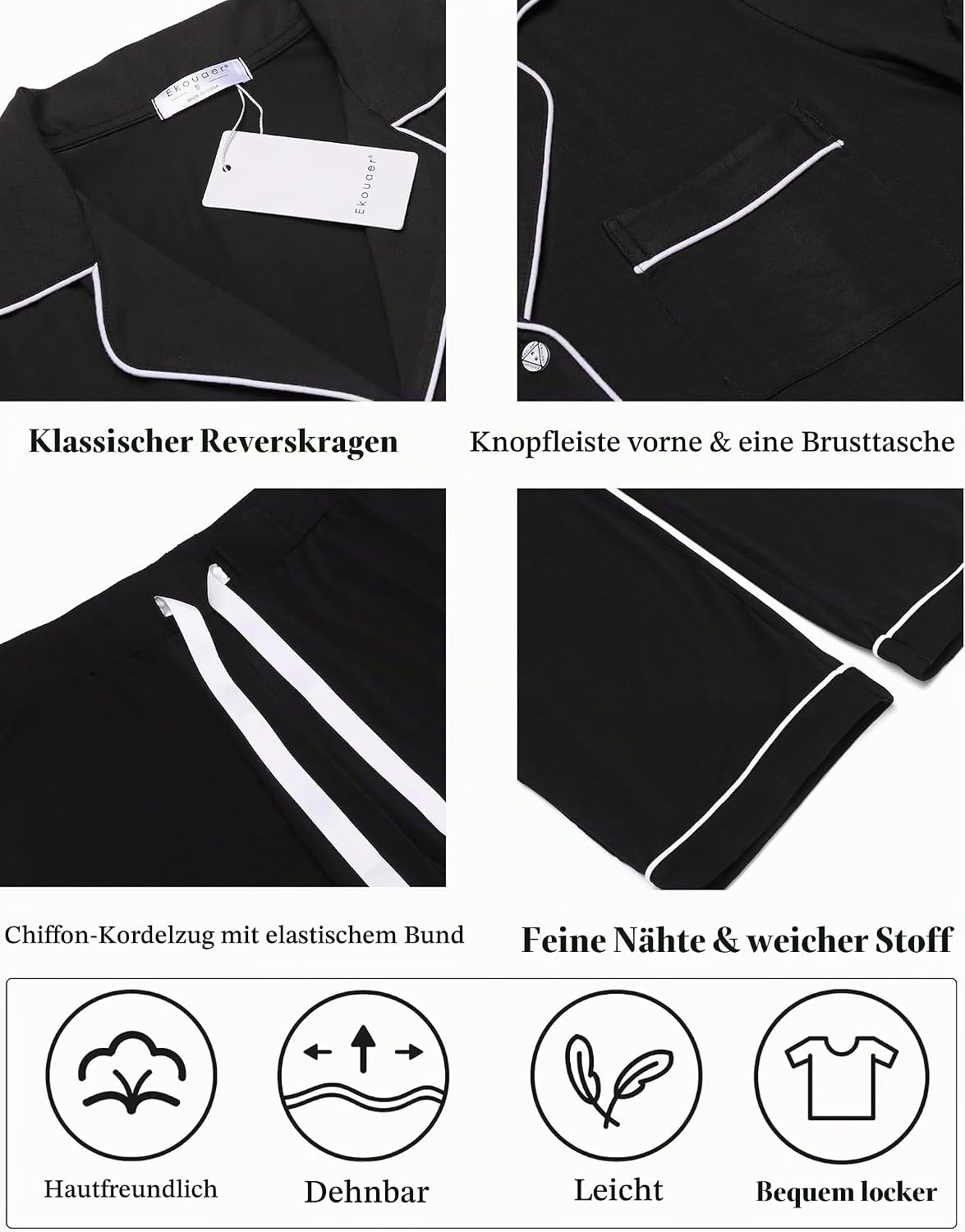 Ekouaer Damen Schlafanzug Lang Weich Pyjama mit Knöpfen – Bild 4