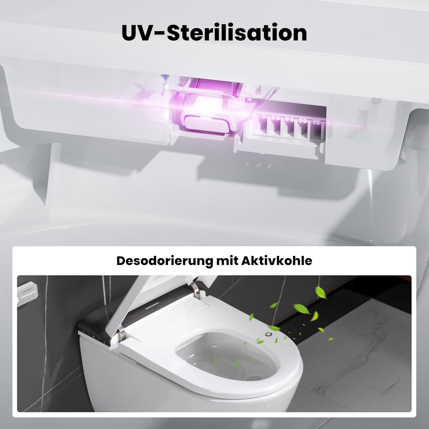 Casta Diva Dusch WC Komplettanlage mit UV-Sterilisation, Hänge WC mit Bidet Funktion, Sitzheizung, Entkalkungs und Geruchsfunktion, Automatischer Deckelöffnung und WC Fernbedienung (CD-AU002) – Bild 4