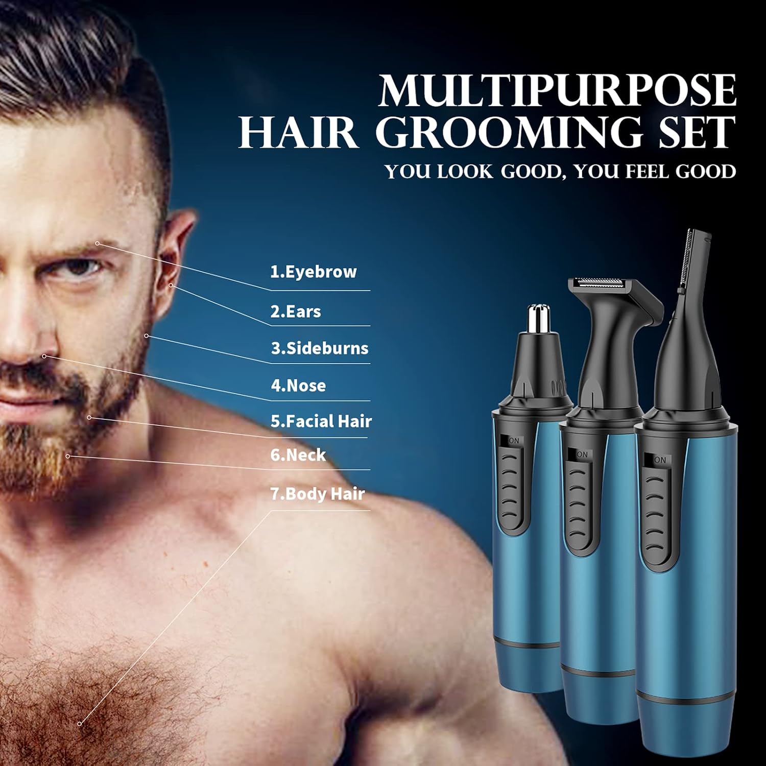 Nasenhaartrimmer Herren, 3 in 1 Professioneller USB Wiederaufladbar Nasenhaartrimmer, Nasenhaarentferner mit IPX7 Wasserdicht, Dual-Klingen, Einfache Reinigung, Nasentrimmer Männer, Blau – Bild 2