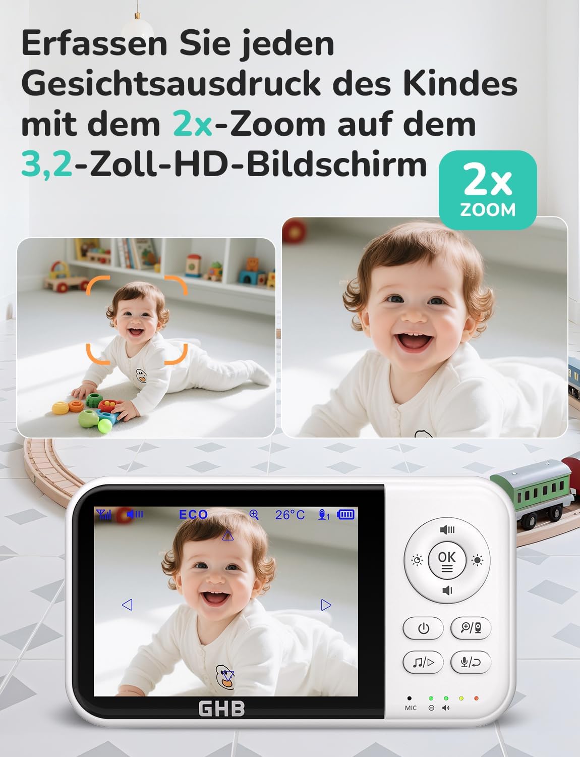 GHB Babyphone mit Kamera Baby Monitor 3,2 Zoll Weiß – Bild 5