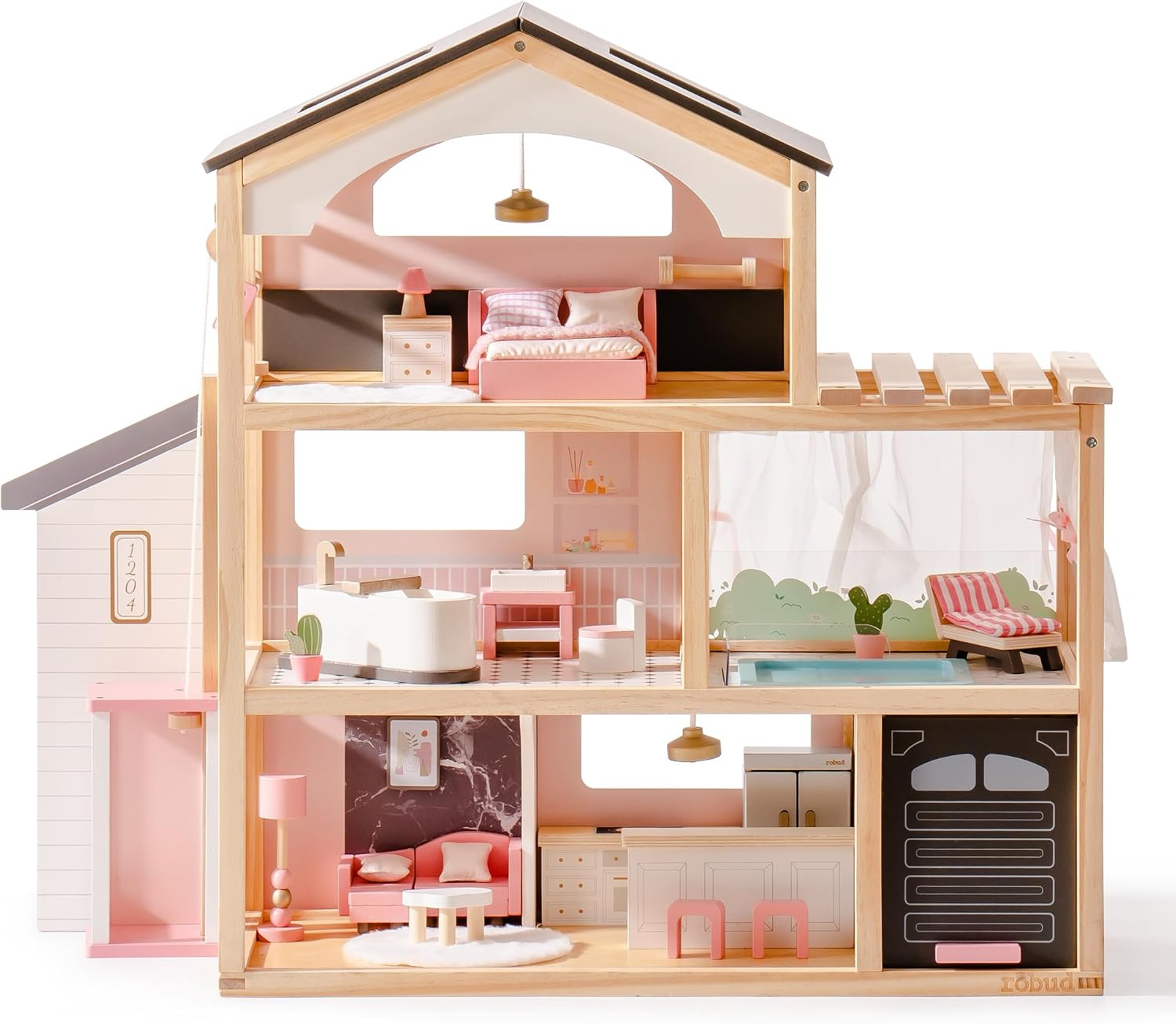 ROBUD Puppenhaus aus Holz,Puppen-Villa mit Möbel,Mit Aufzug, Garage, Pavillon und Schwimmbad,Geschenk für Kinder ab 3, 4, 5, 6 Jahren und älter,Schwarz – Bild 7